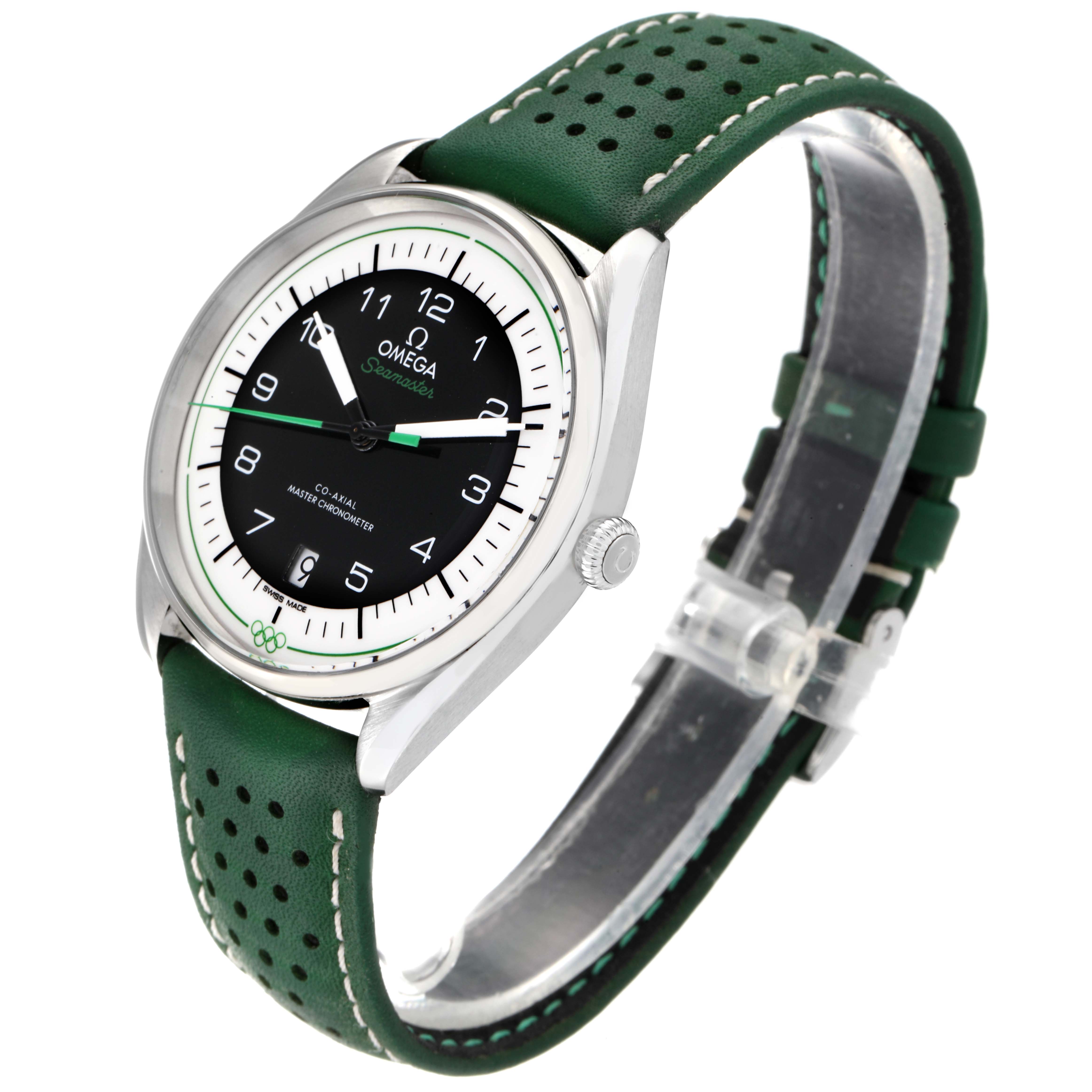 The image shows an angled view of the Omega Seamaster 522.32.40.20.01.005 Men's Stainless Steel Black Dial 522.32.40.20.01.005 Men's Stainless Steel Black Dial watch displaying its face, bezel, crown, and green leather strap.