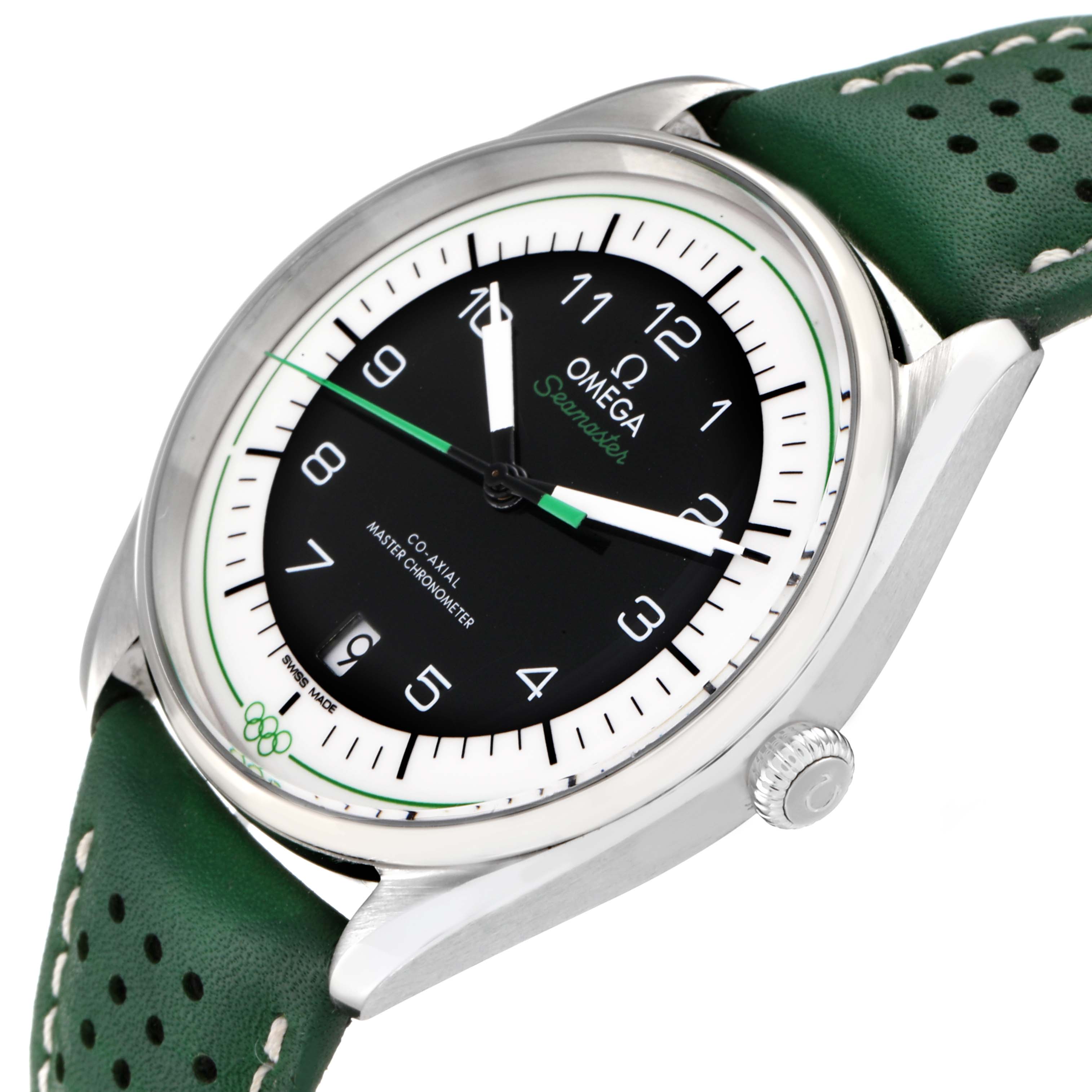 The Omega Seamaster 522.32.40.20.01.005 Men's Stainless Steel Black Dial 522.32.40.20.01.005 Men's Stainless Steel Black Dial watch is shown from a top angle, highlighting its face, bezel, crown, and part of the green strap.