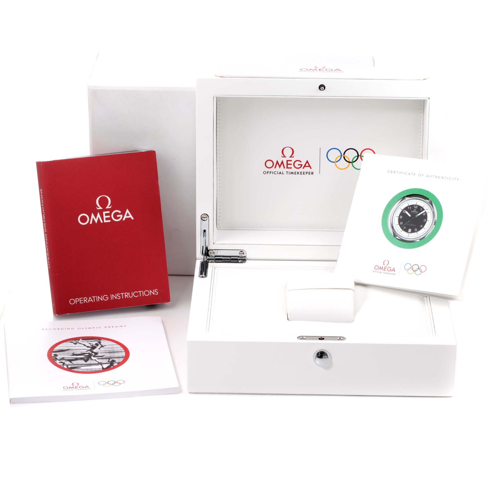 The image shows the Omega Seamaster 522.32.40.20.01.005 Men's Stainless Steel Black Dial 522.32.40.20.01.005 Men's Stainless Steel Black Dial watch box, certificate of authenticity, operating instructions, and related booklets.