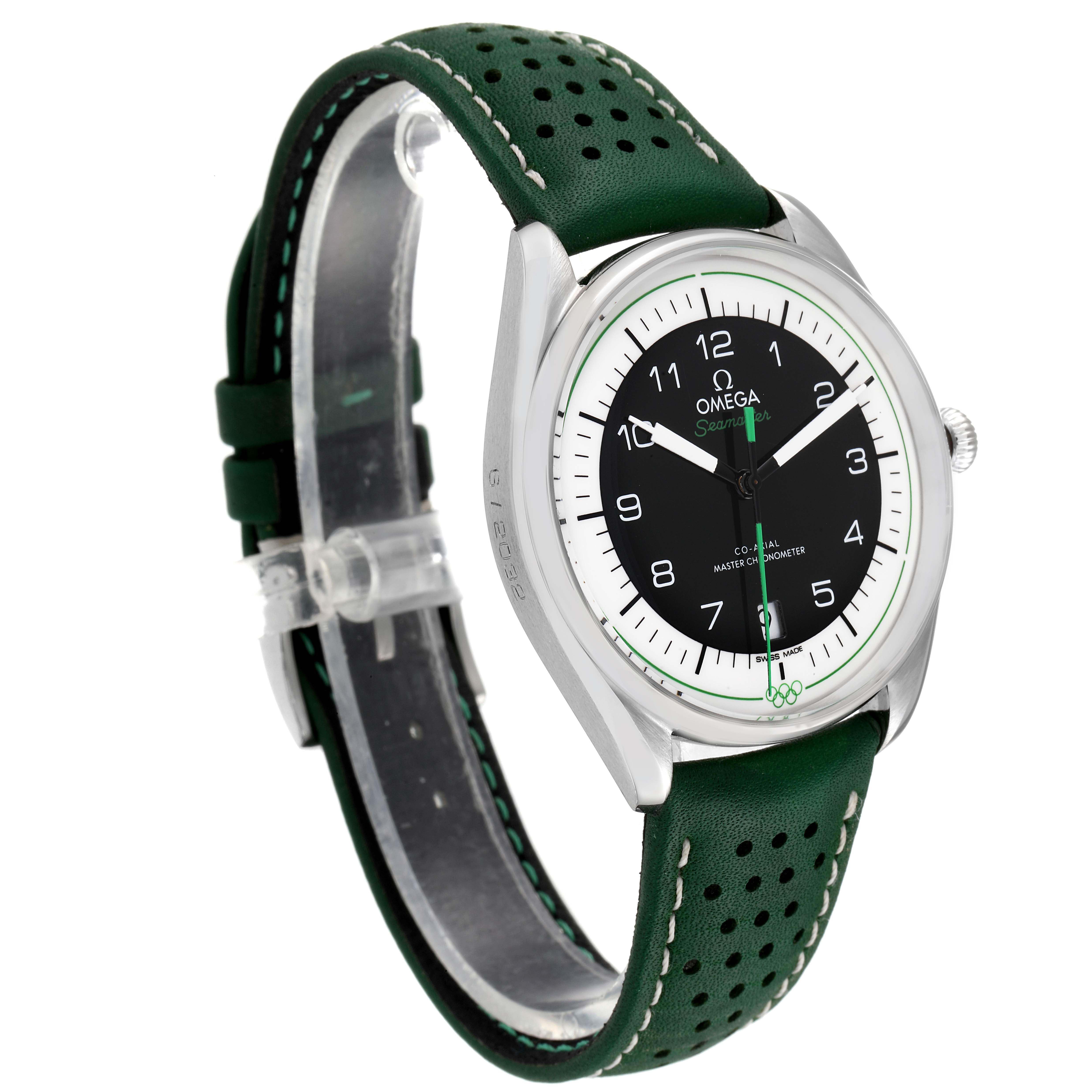 The Omega Seamaster 522.32.40.20.01.005 Men's Stainless Steel Black Dial 522.32.40.20.01.005 Men's Stainless Steel Black Dial watch is shown at a slight angle, featuring its black dial, green leather strap, and silver case.