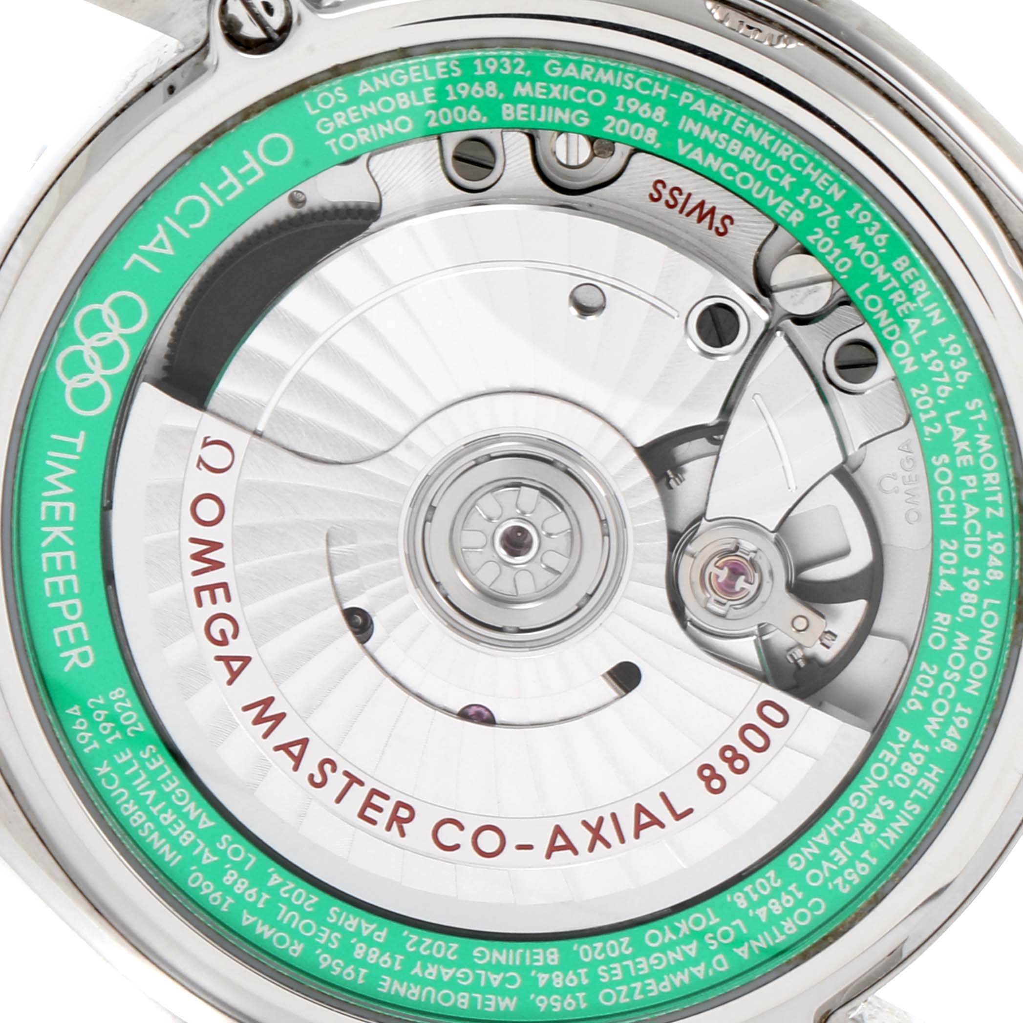 The image shows the open case back of an Omega Seamaster 522.32.40.20.01.005 Men's Stainless Steel Black Dial 522.32.40.20.01.005 Men's Stainless Steel Black Dial, revealing the Omega Master Co-Axial 8800 movement and inner mechanisms.