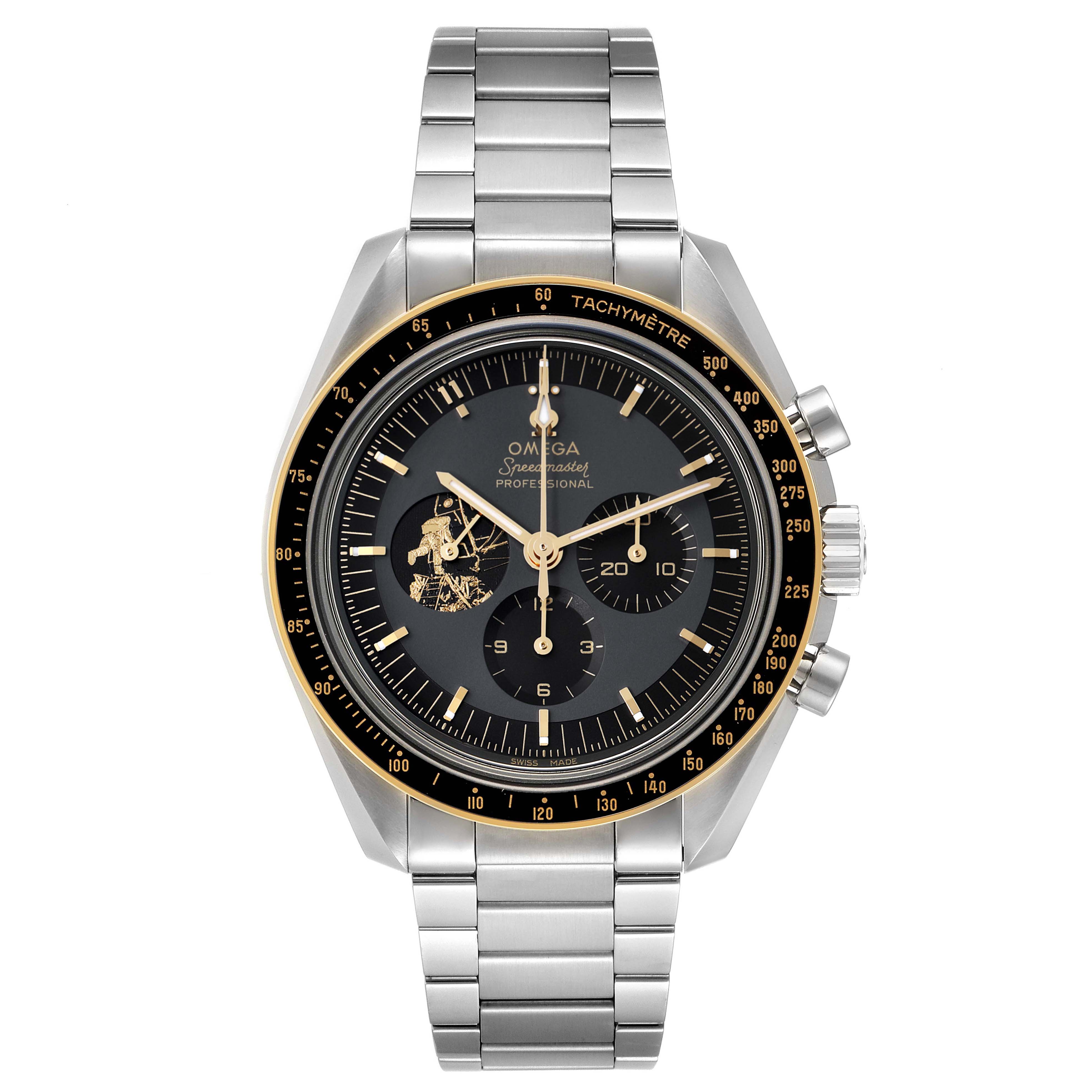 This Omega Speedmaster 310.20.42.50.01.001 Men's Stainless Steel Grey Dial 310.20.42.50.01.001 Men's Stainless Steel Grey Dial watch is shown from the front, displaying its dial, subdials, hands, bezel, and metal bracelet.