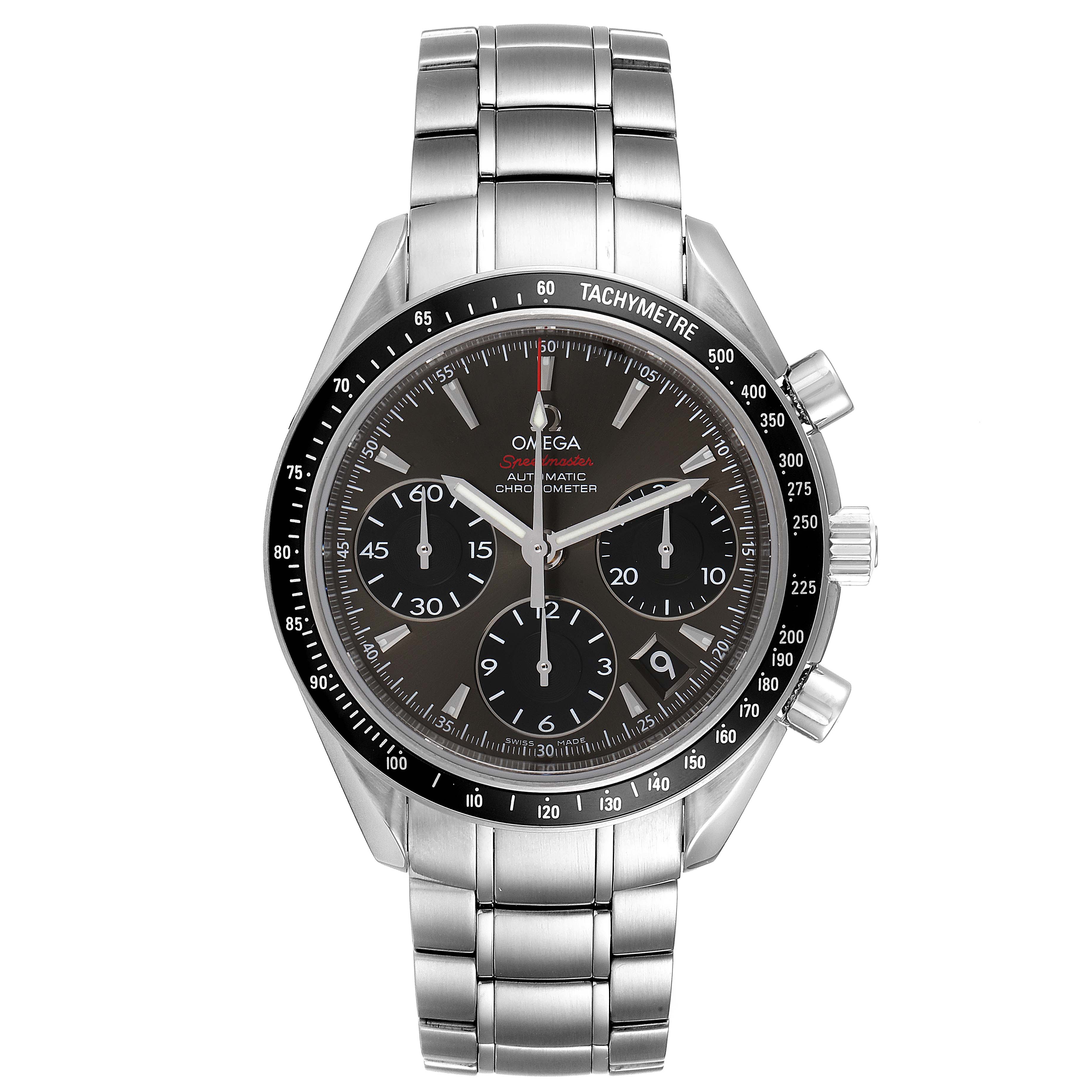 This is a front view of the Omega Speedmaster 323.30.40.40.06.001 Men's Stainless Steel Grey Dial 323.30.40.40.06.001 Men's Stainless Steel Grey Dial watch showing the dial, subdials, tachymeter bezel, and metal bracelet.