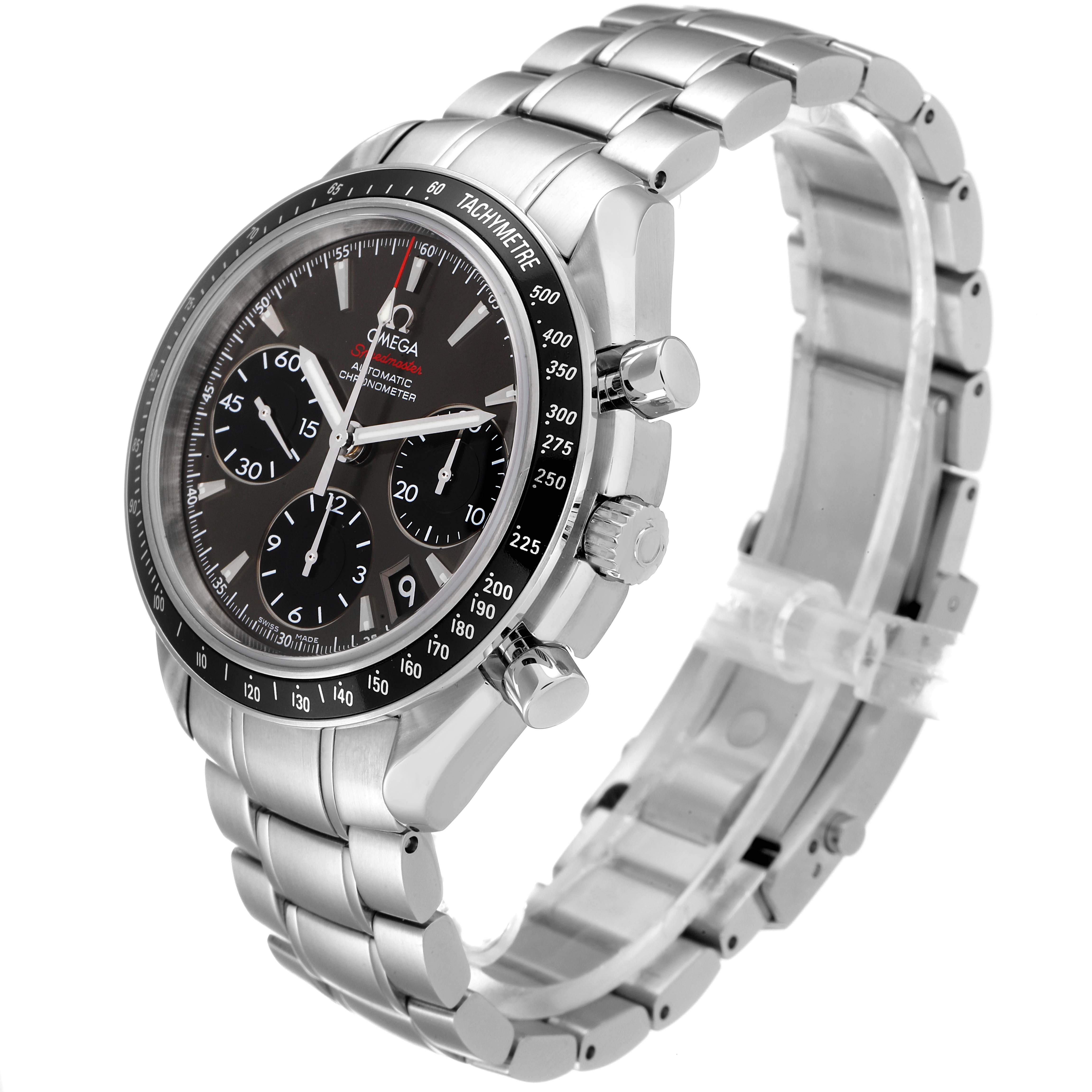 The Omega Speedmaster 323.30.40.40.06.001 Men's Stainless Steel Grey Dial 323.30.40.40.06.001 Men's Stainless Steel Grey Dial watch is shown at an angled view, highlighting the dial, bezel, pushers, crown, and bracelet.