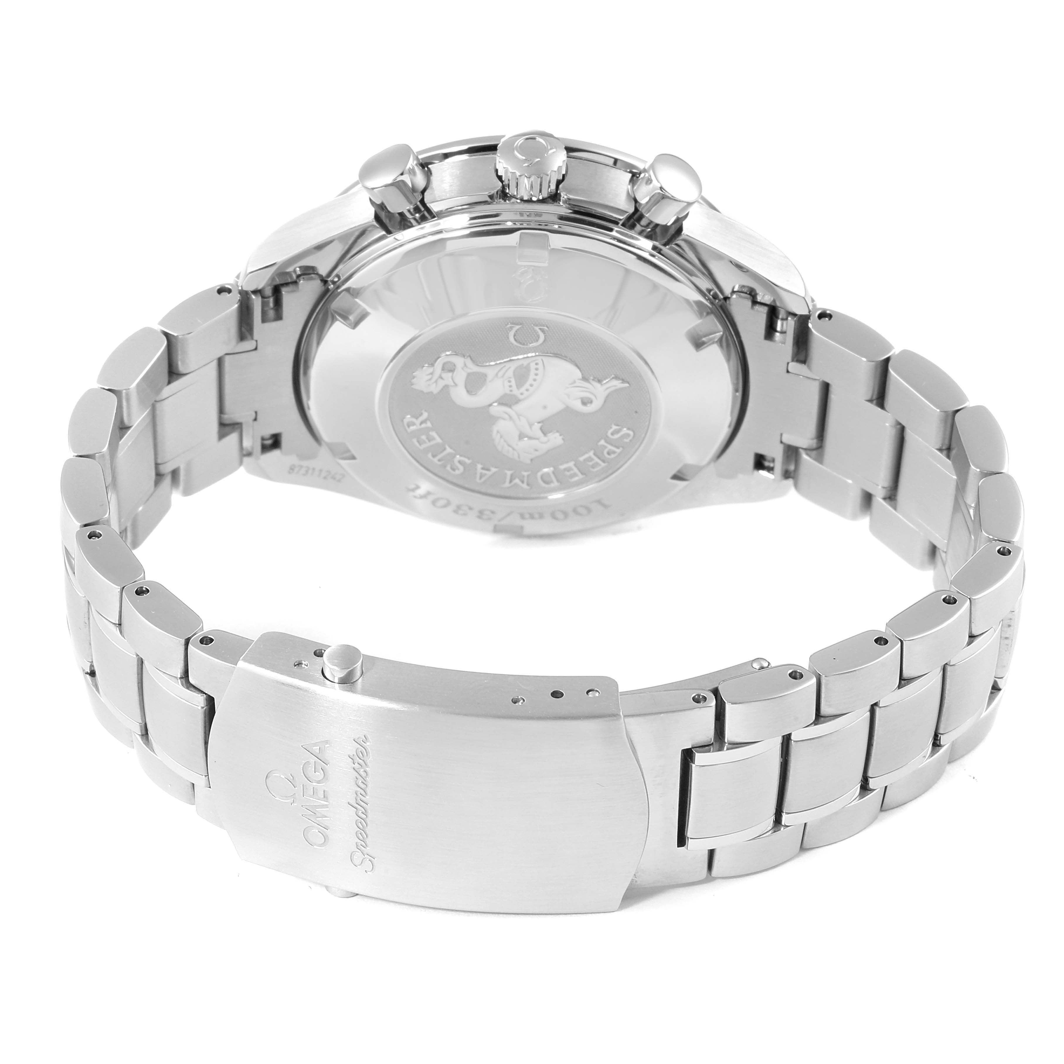 This image shows the back case and bracelet of an Omega Speedmaster 323.30.40.40.06.001 Men's Stainless Steel Grey Dial 323.30.40.40.06.001 Men's Stainless Steel Grey Dial watch with focus on the clasp and case back details.