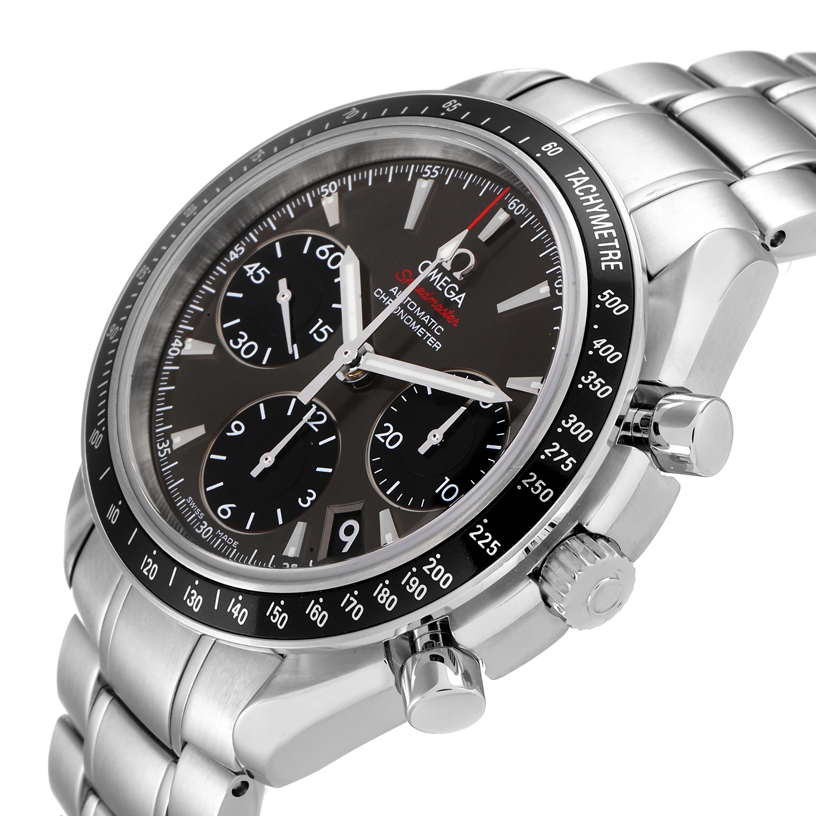 The Omega Speedmaster 323.30.40.40.06.001 Men's Stainless Steel Grey Dial 323.30.40.40.06.001 Men's Stainless Steel Grey Dial watch is shown at an angle focusing on its dial, subdials, tachymeter bezel, and stainless steel bracelet.