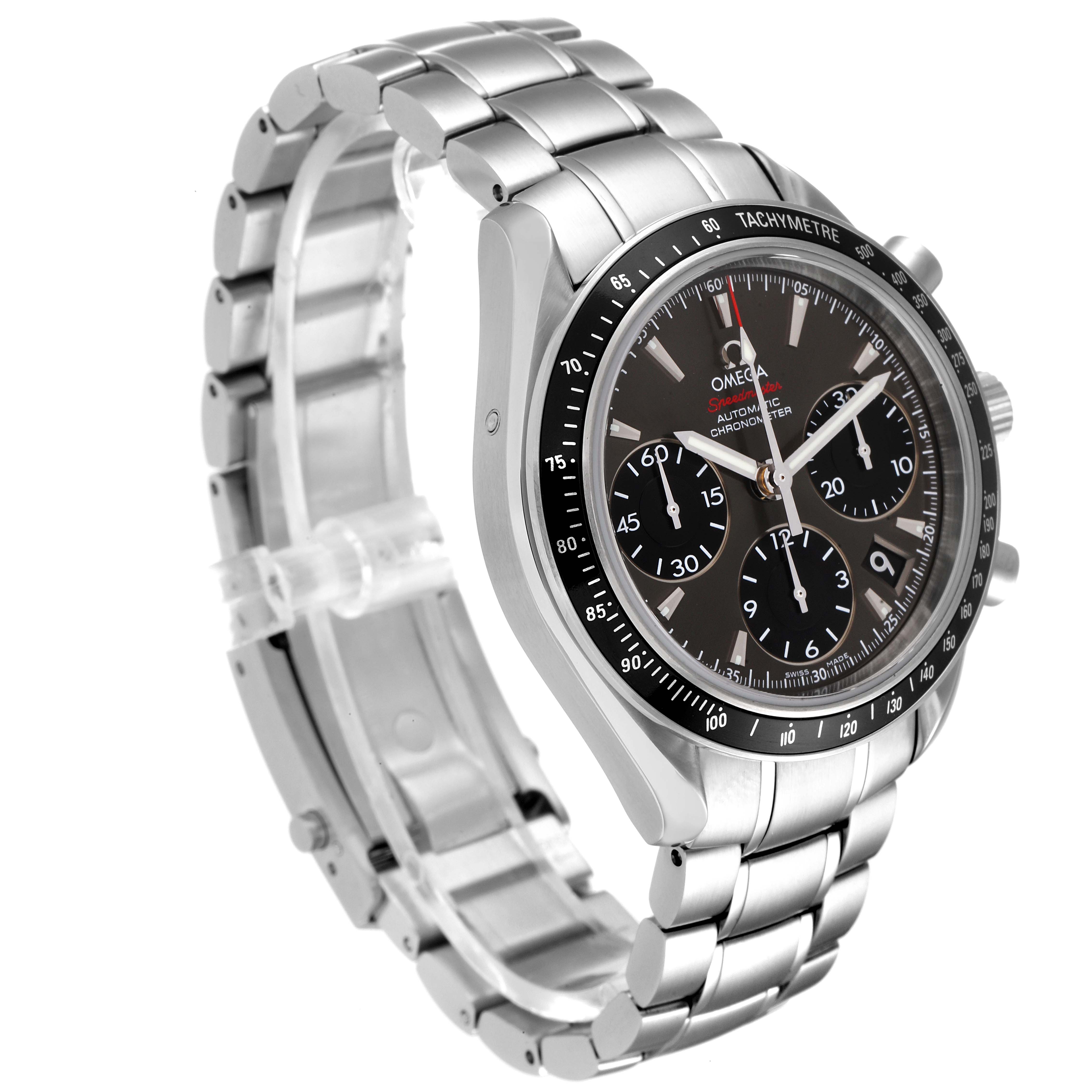 The image shows an Omega Speedmaster 323.30.40.40.06.001 Men's Stainless Steel Grey Dial 323.30.40.40.06.001 Men's Stainless Steel Grey Dial watch from a three-quarter angle, highlighting the dial, bezel, case, and bracelet.