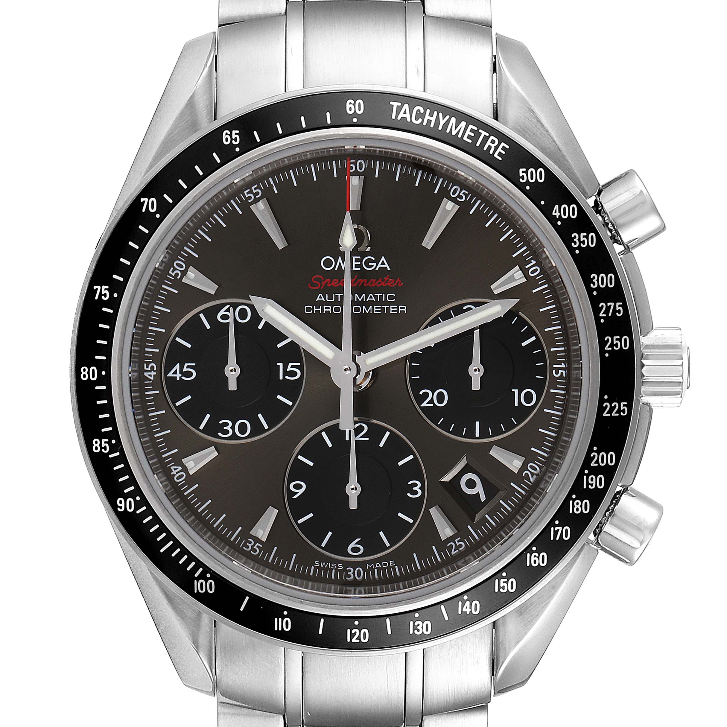 The image shows a front view of the Omega Speedmaster 323.30.40.40.06.001 Men's Stainless Steel Grey Dial 323.30.40.40.06.001 Men's Stainless Steel Grey Dial watch, displaying its dial, subdials, tachymeter, and metal bracelet.
