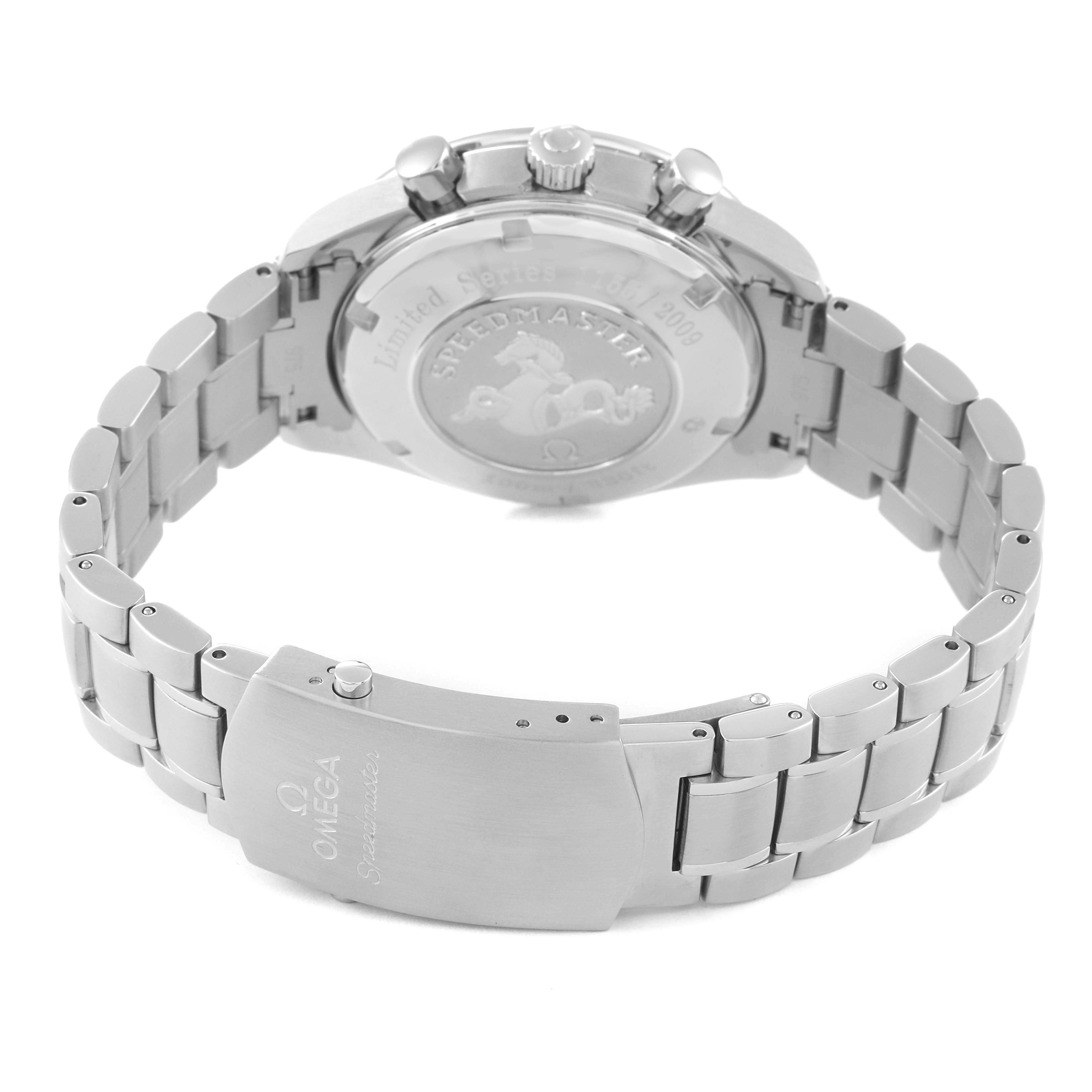 This image shows the back view of the Omega Speedmaster 323.30.40.40.02.001 Men's Stainless Steel White Dial 323.30.40.40.02.001 Men's Stainless Steel White Dial watch, highlighting the clasp, bracelet, and case back.