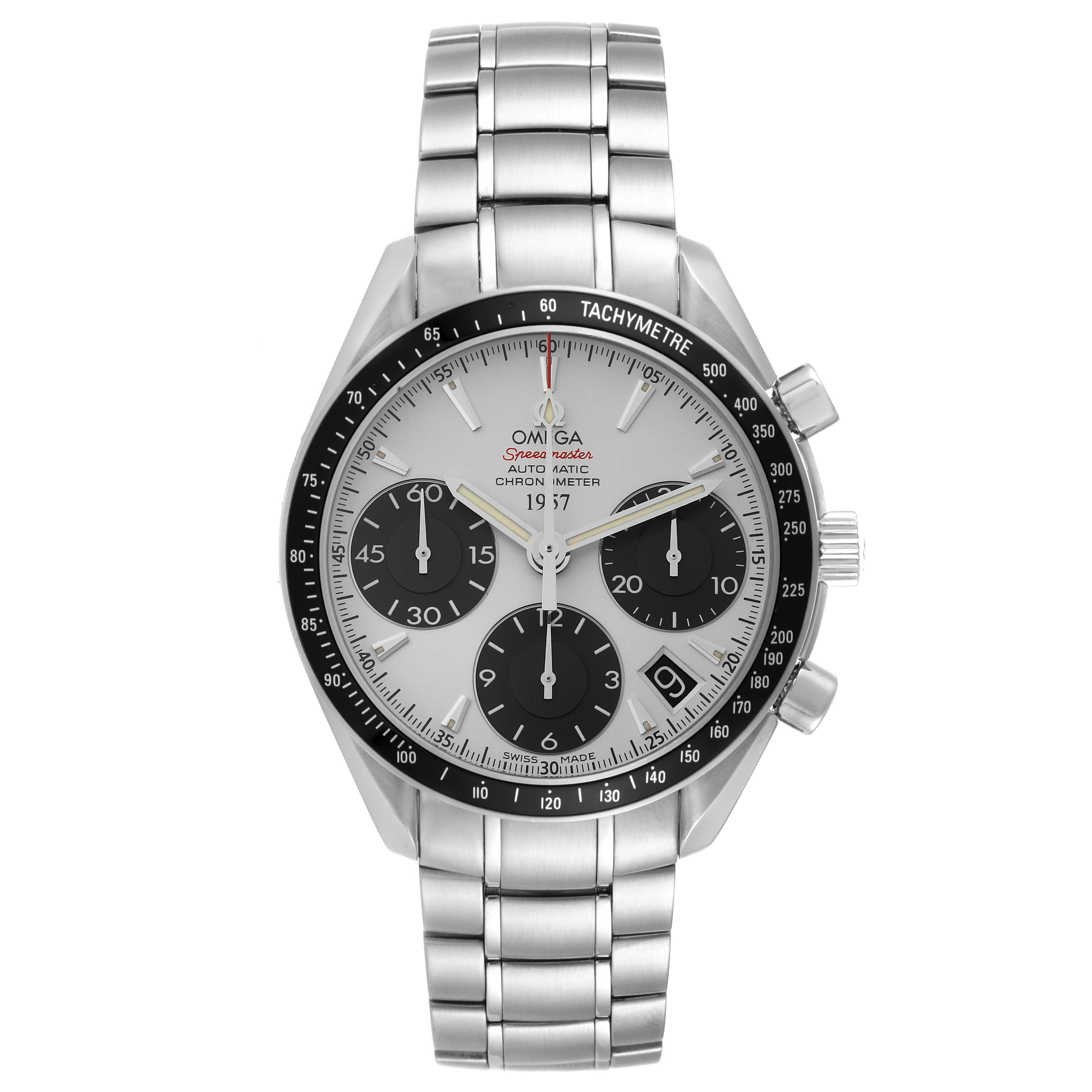 The image shows a front view of the Omega Speedmaster 323.30.40.40.02.001 Men's Stainless Steel White Dial 323.30.40.40.02.001 Men's Stainless Steel White Dial watch, highlighting its dial, bezel, and stainless steel bracelet.