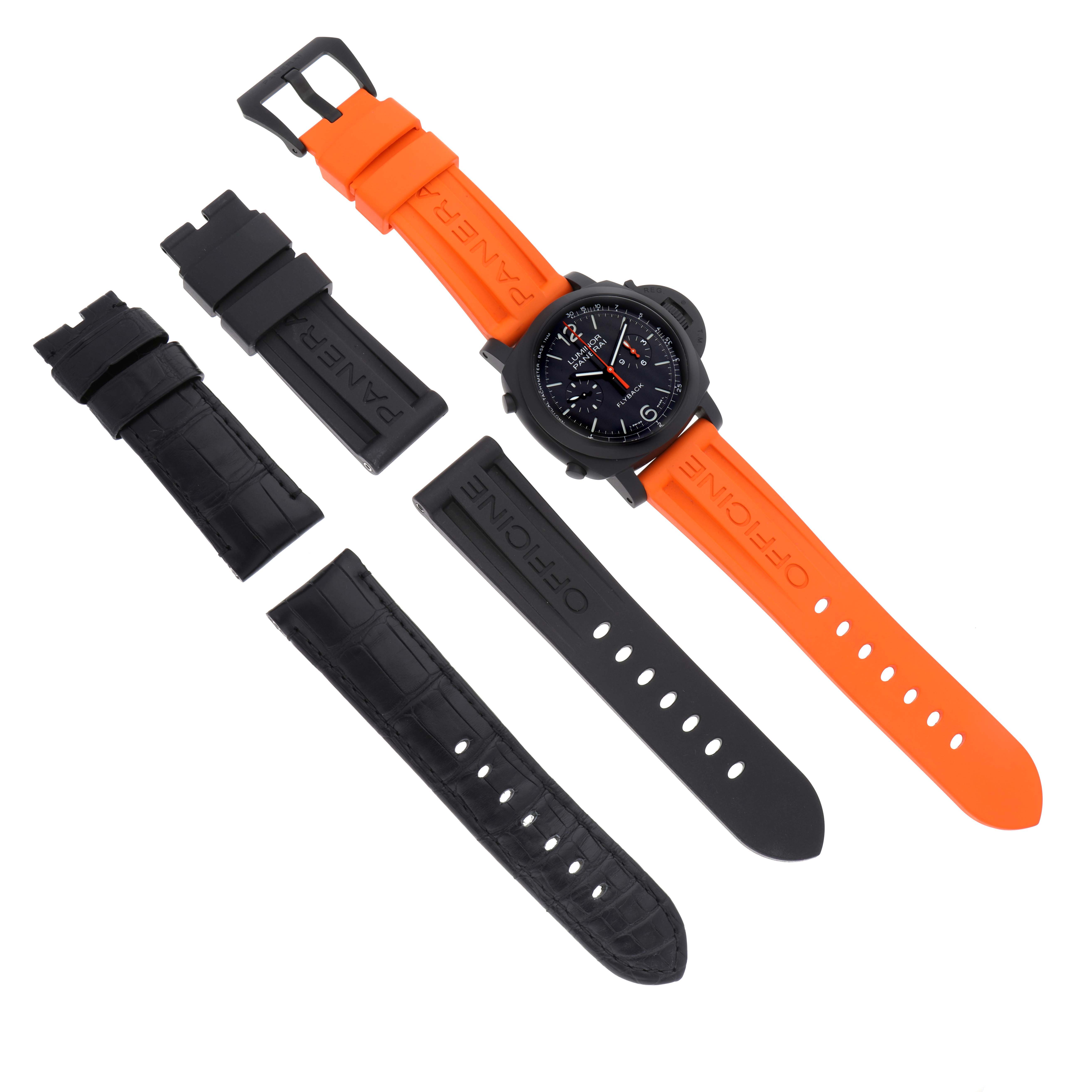 The image shows a Panerai Luminor PAM01298 Men's Ceramic Black Dial PAM01298 Men's Ceramic Black Dial watch with its face and various interchangeable straps, including orange rubber and black leather options.