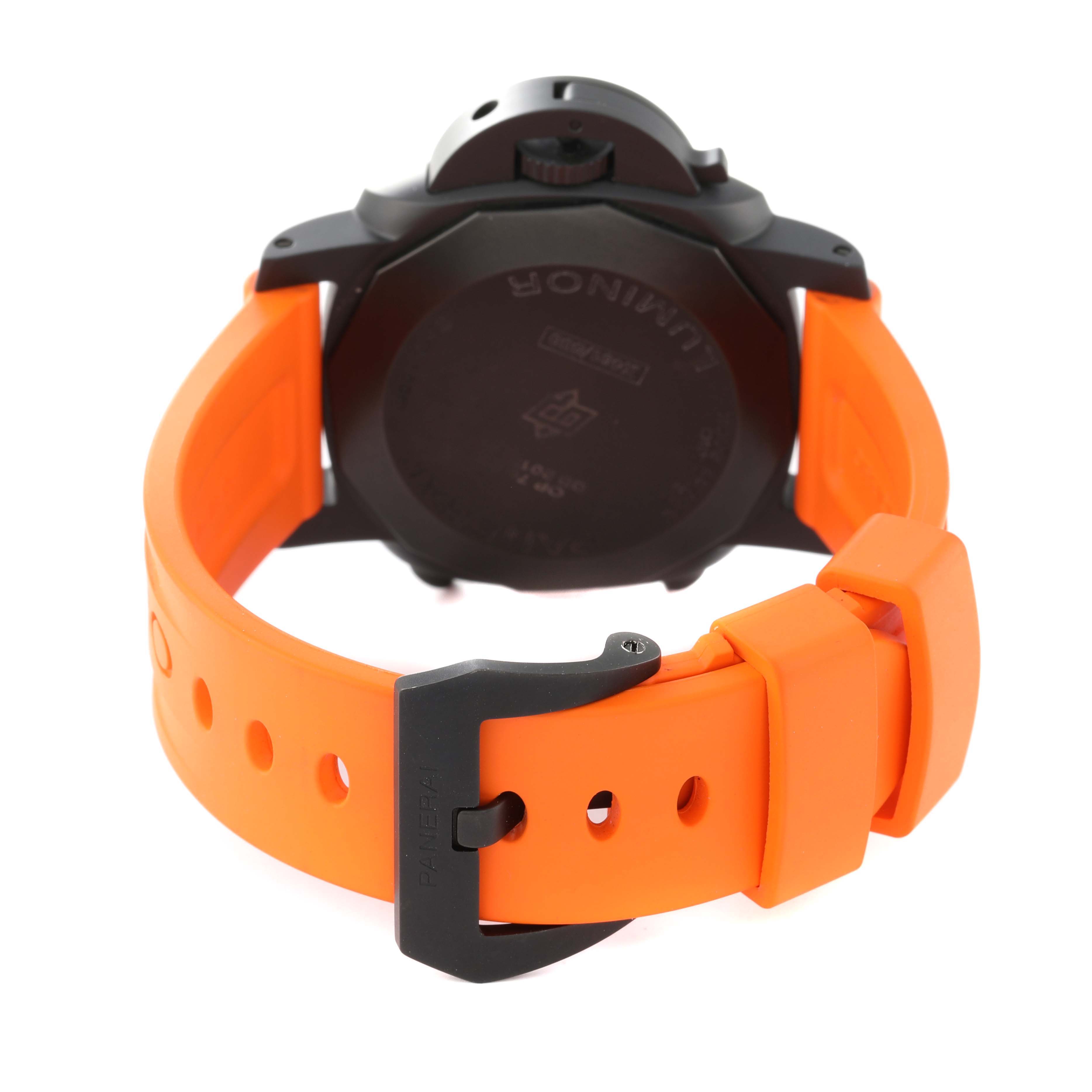 The image shows the back of a Panerai Luminor PAM01298 Men's Ceramic Black Dial PAM01298 Men's Ceramic Black Dial watch with an orange strap and black buckle.