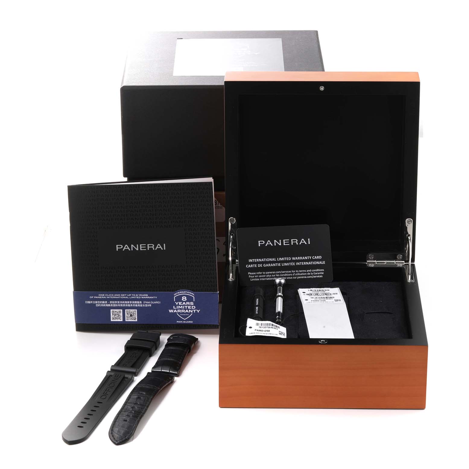 The image shows the packaging, warranty card, and extra straps for a Panerai Luminor PAM01298 Men's Ceramic Black Dial PAM01298 Men's Ceramic Black Dial watch.