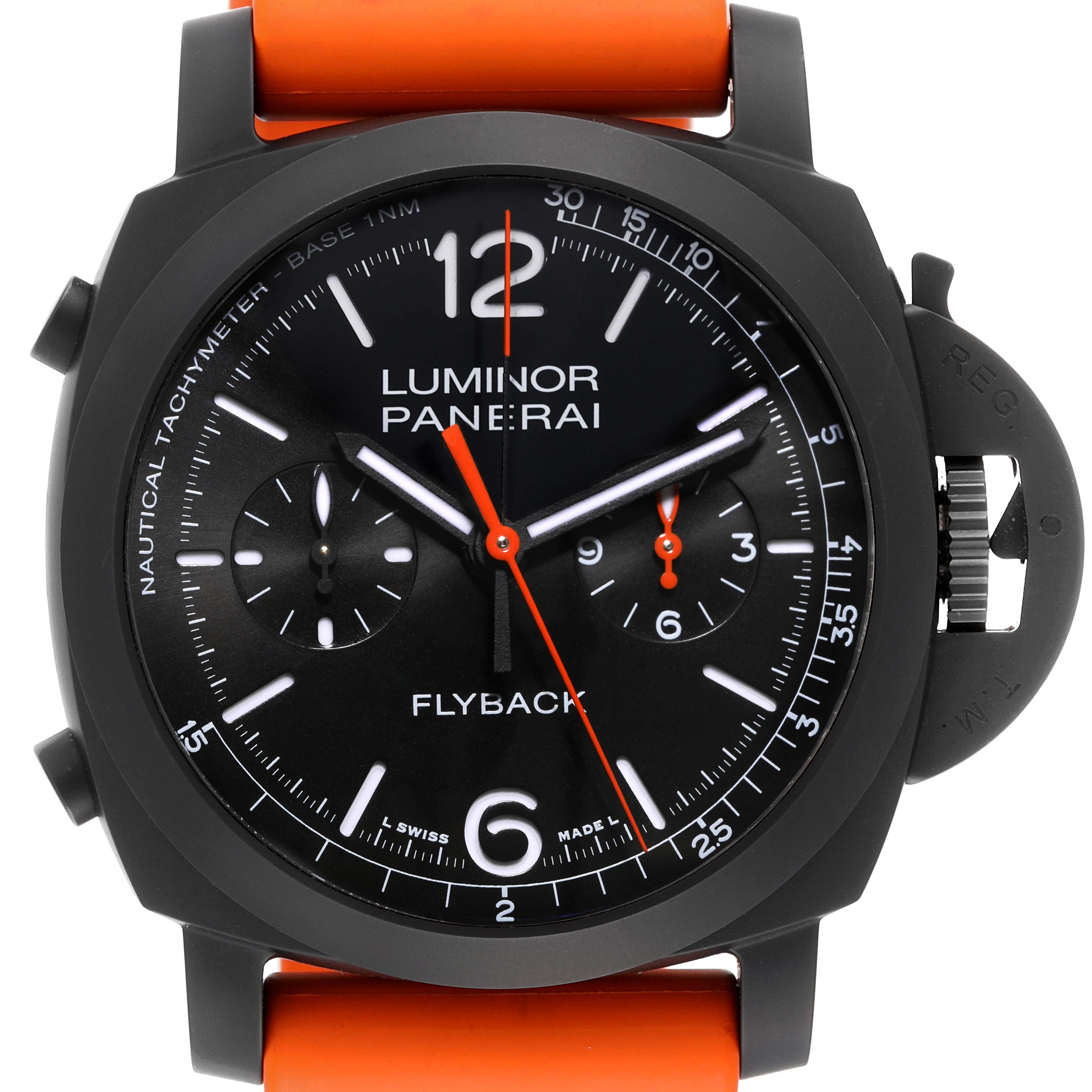 This image shows a front view of the Panerai Luminor PAM01298 Men's Ceramic Black Dial PAM01298 Men's Ceramic Black Dial watch with an orange strap and visible chronograph functions.