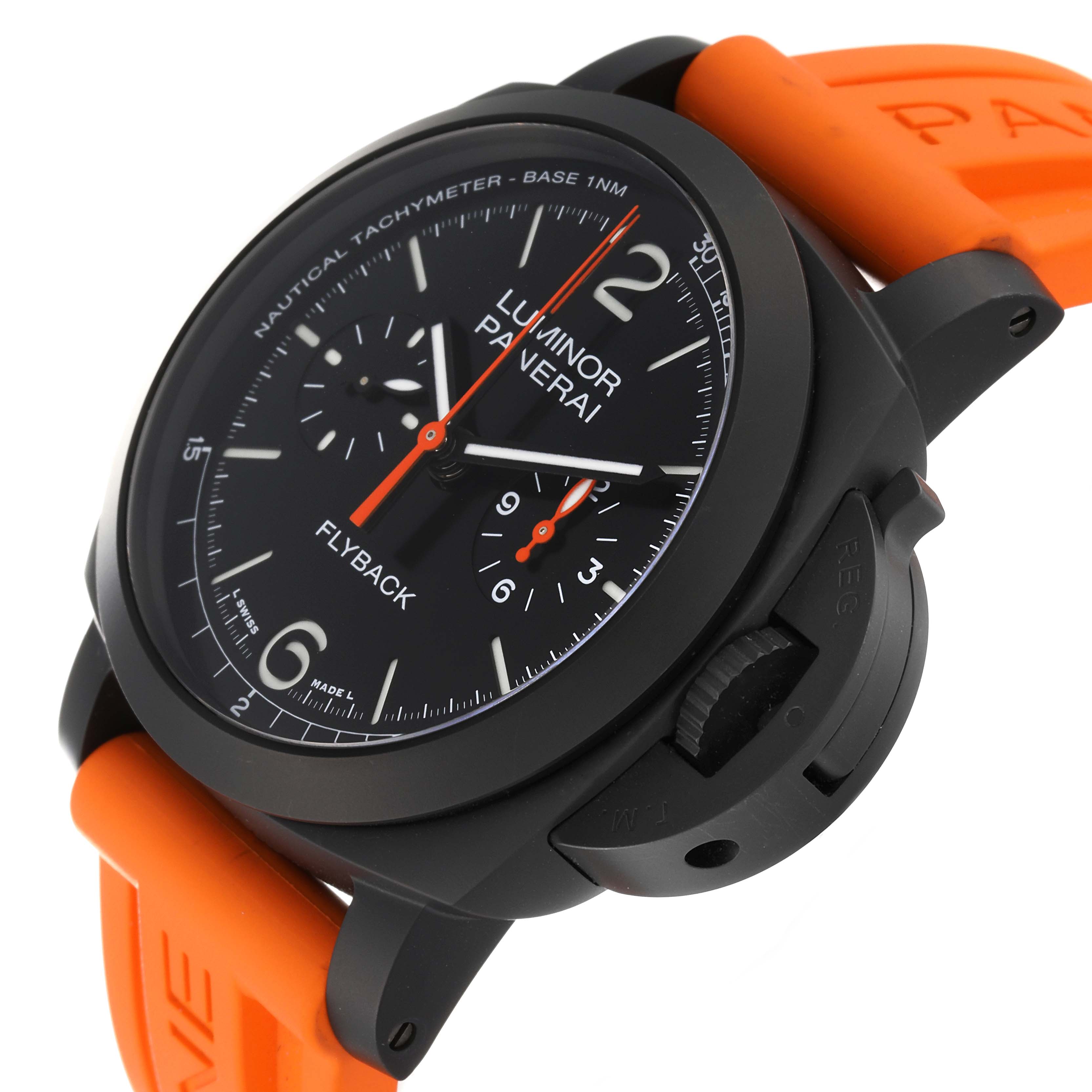 The image shows a Panerai Luminor PAM01298 Men's Ceramic Black Dial PAM01298 Men's Ceramic Black Dial watch at an angle highlighting the face, crown guard, and orange rubber strap.