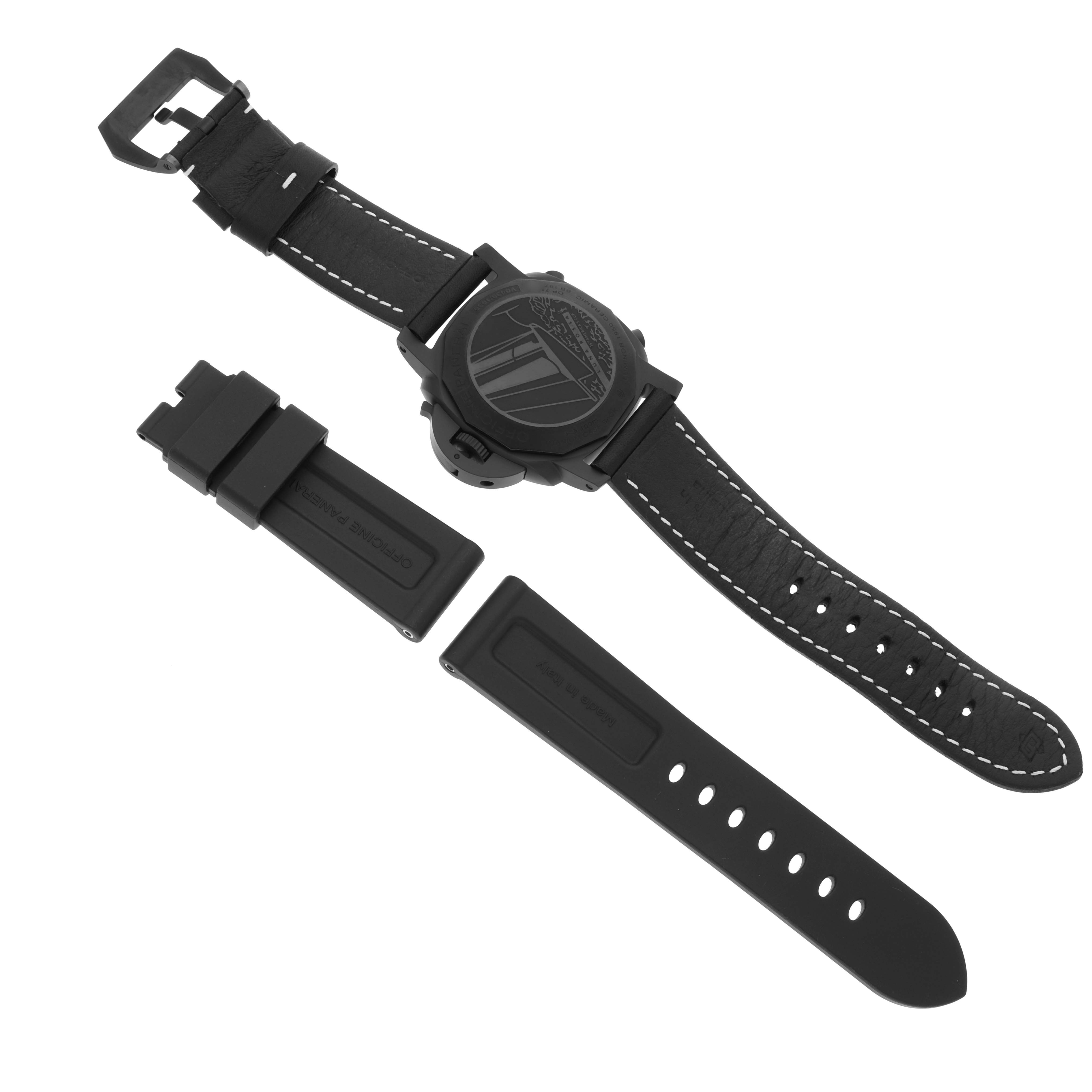 The image shows the back view of a Panerai Luminor PAM01037 Men's Ceramic Black Dial PAM01037 Men's Ceramic Black Dial watch and additional watch straps.