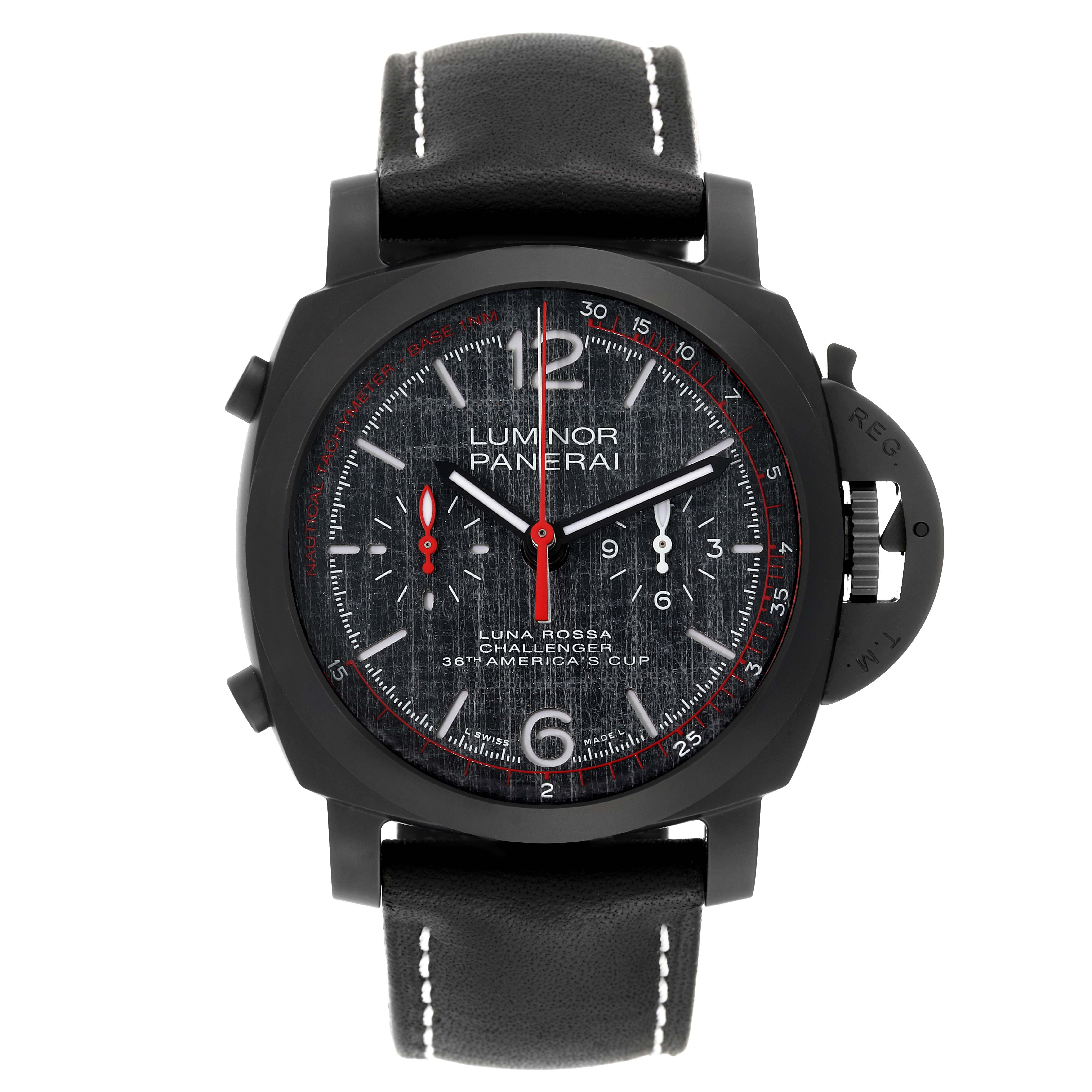 The image shows a front view of a Panerai Luminor PAM01037 Men's Ceramic Black Dial PAM01037 Men's Ceramic Black Dial watch, displaying the dial, case, and watch strap.