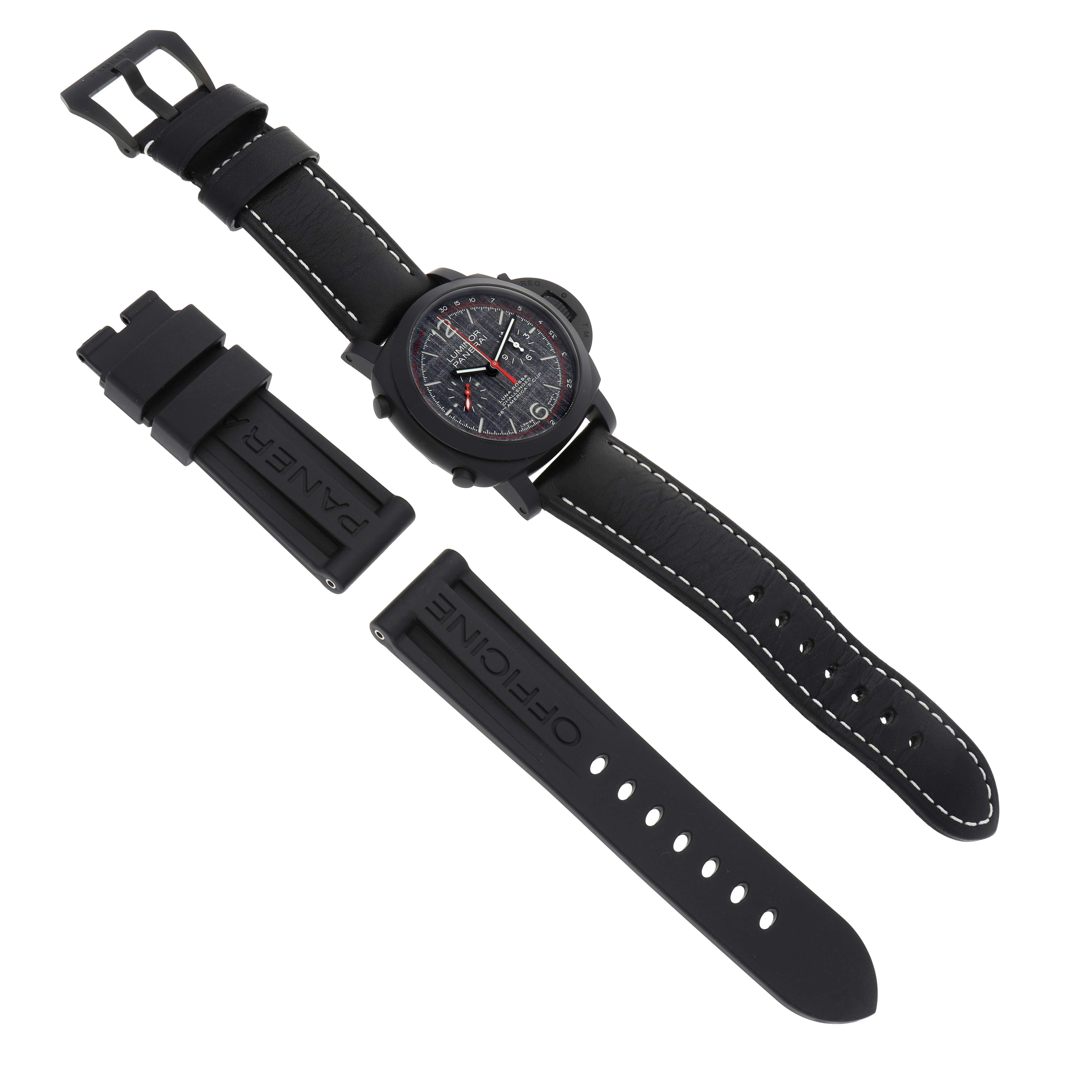 The image shows a Panerai Luminor PAM01037 Men's Ceramic Black Dial PAM01037 Men's Ceramic Black Dial watch and its accessories from a top-down angle, including an additional strap.