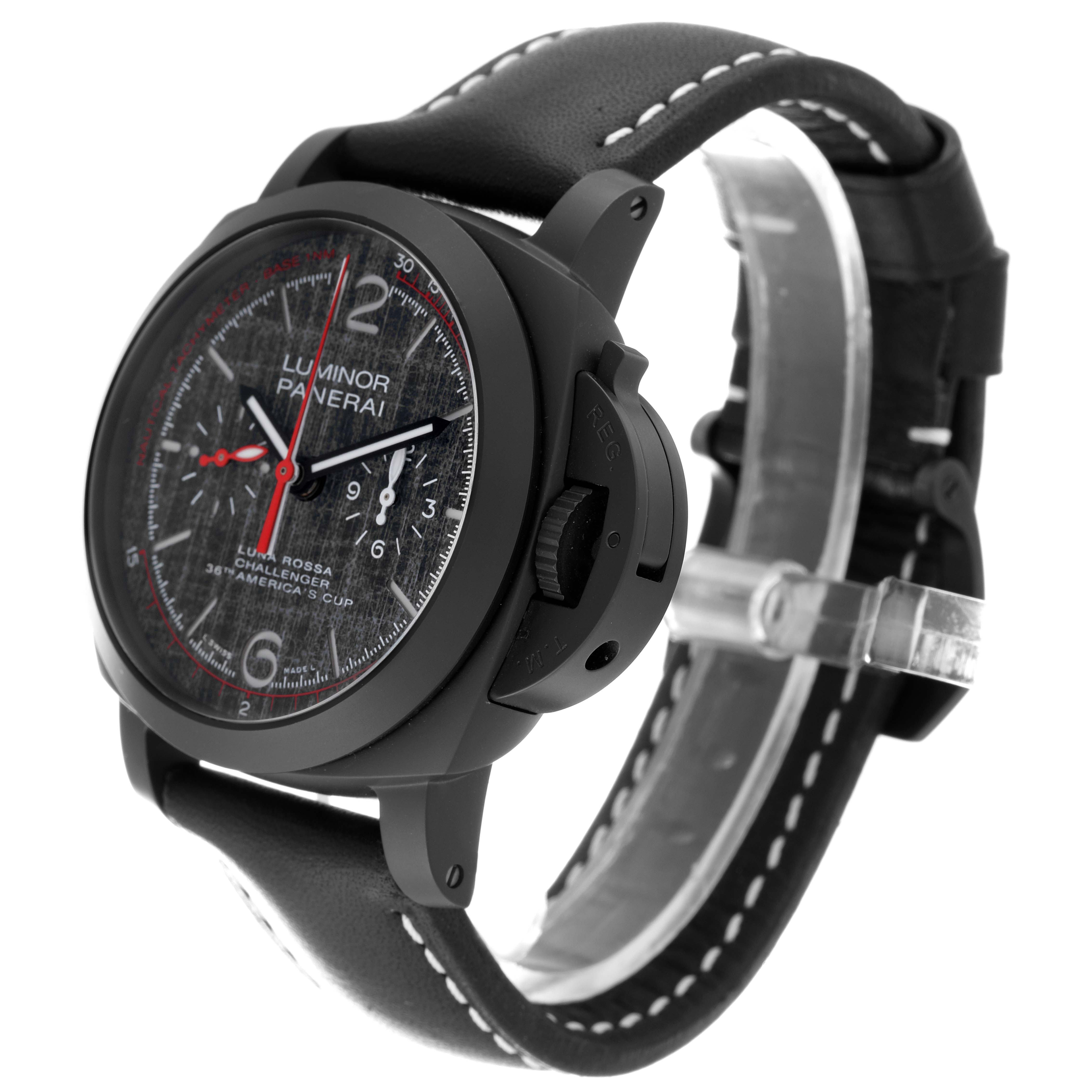 The image shows the Panerai Luminor PAM01037 Men's Ceramic Black Dial PAM01037 Men's Ceramic Black Dial watch in a 3/4 angle, highlighting the face, case, and leather strap.