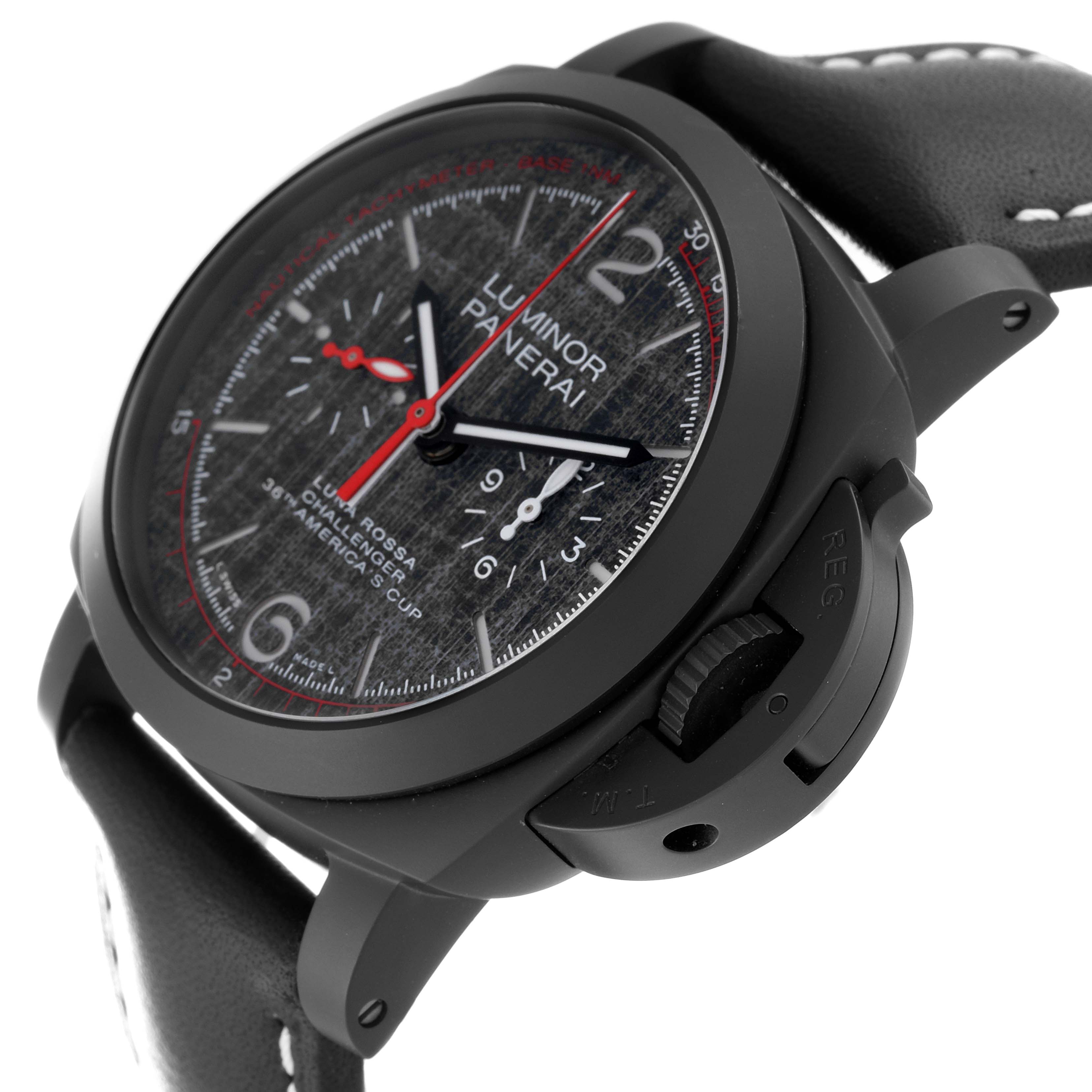 This image shows a close-up, side-angle view of the Panerai Luminor PAM01037 Men's Ceramic Black Dial PAM01037 Men's Ceramic Black Dial watch, highlighting its face, bezel, and crown guard.