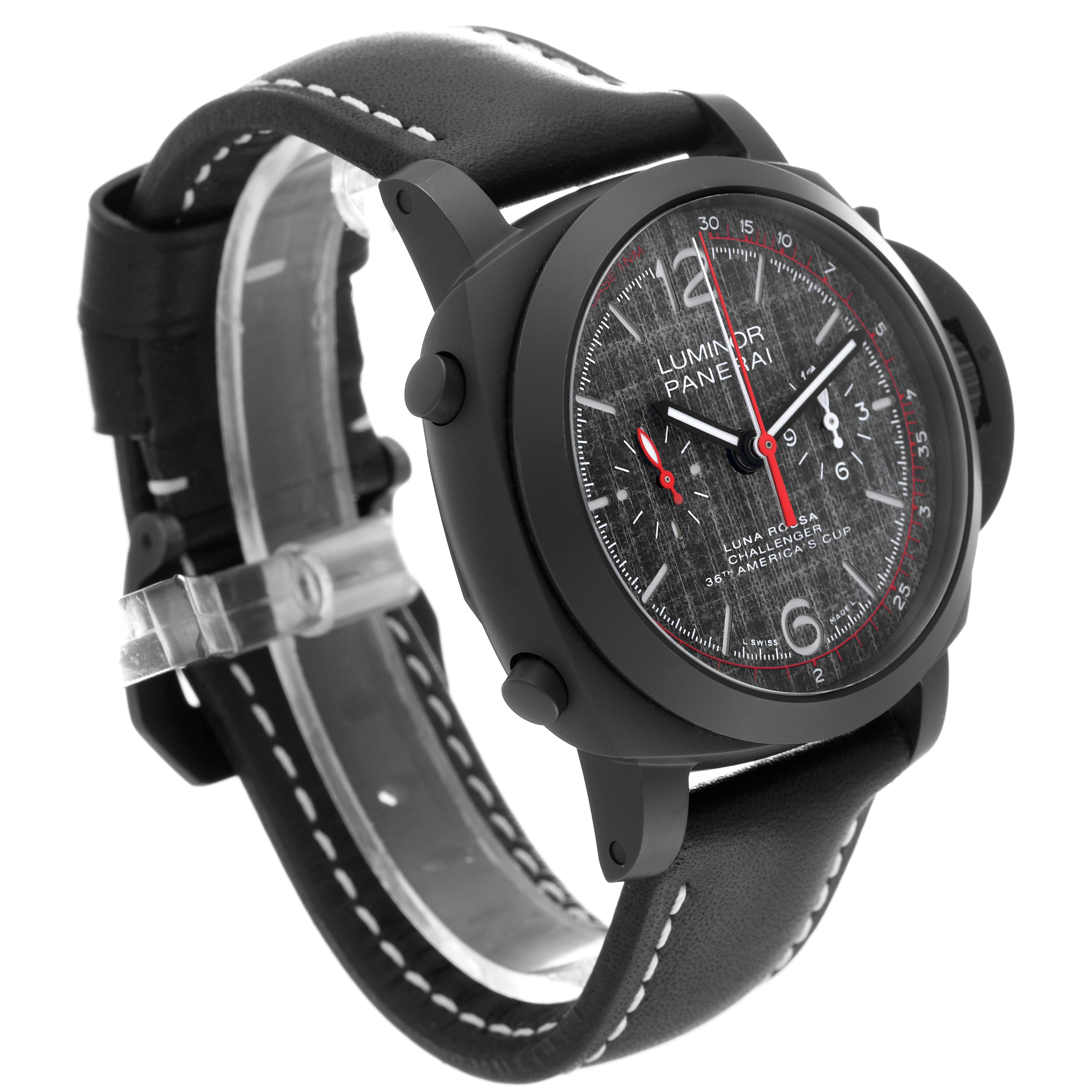 The image shows a Panerai Luminor PAM01037 Men's Ceramic Black Dial PAM01037 Men's Ceramic Black Dial watch angled to display the face and strap, highlighting the markers, hands, and textured dial.