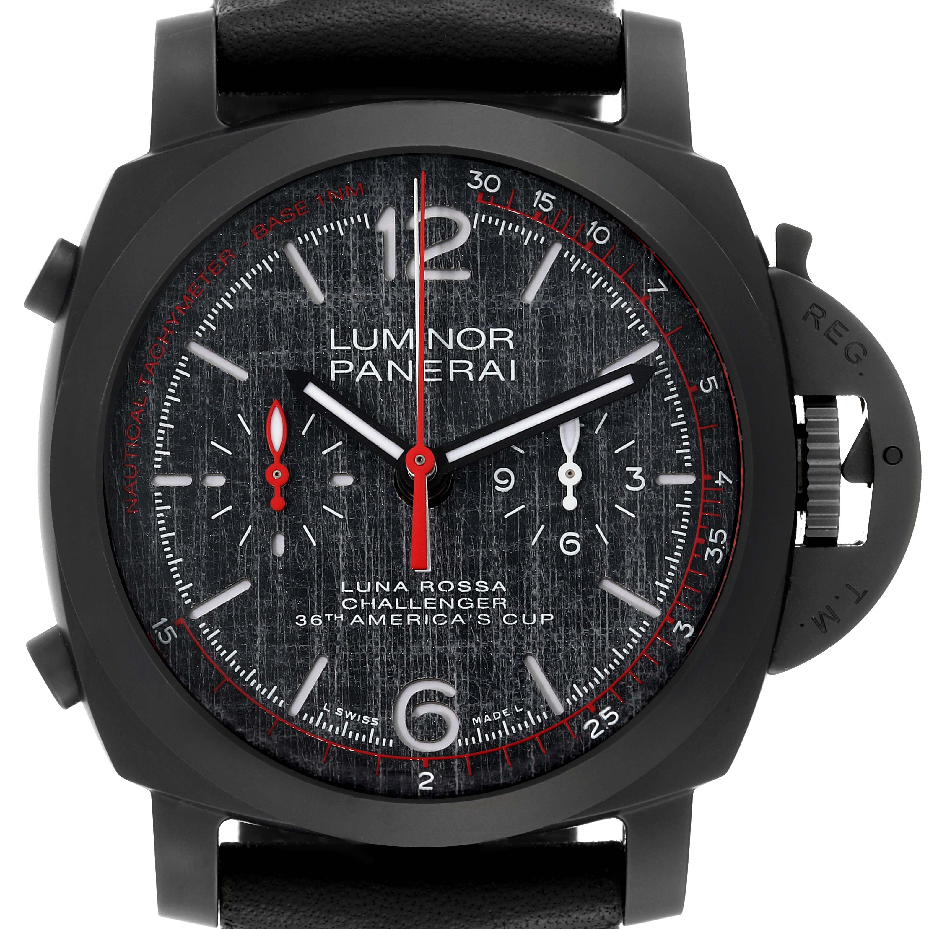 This is a front view of the Panerai Luminor PAM01037 Men's Ceramic Black Dial PAM01037 Men's Ceramic Black Dial model watch, showing the face, bezel, crown guard, and strap.