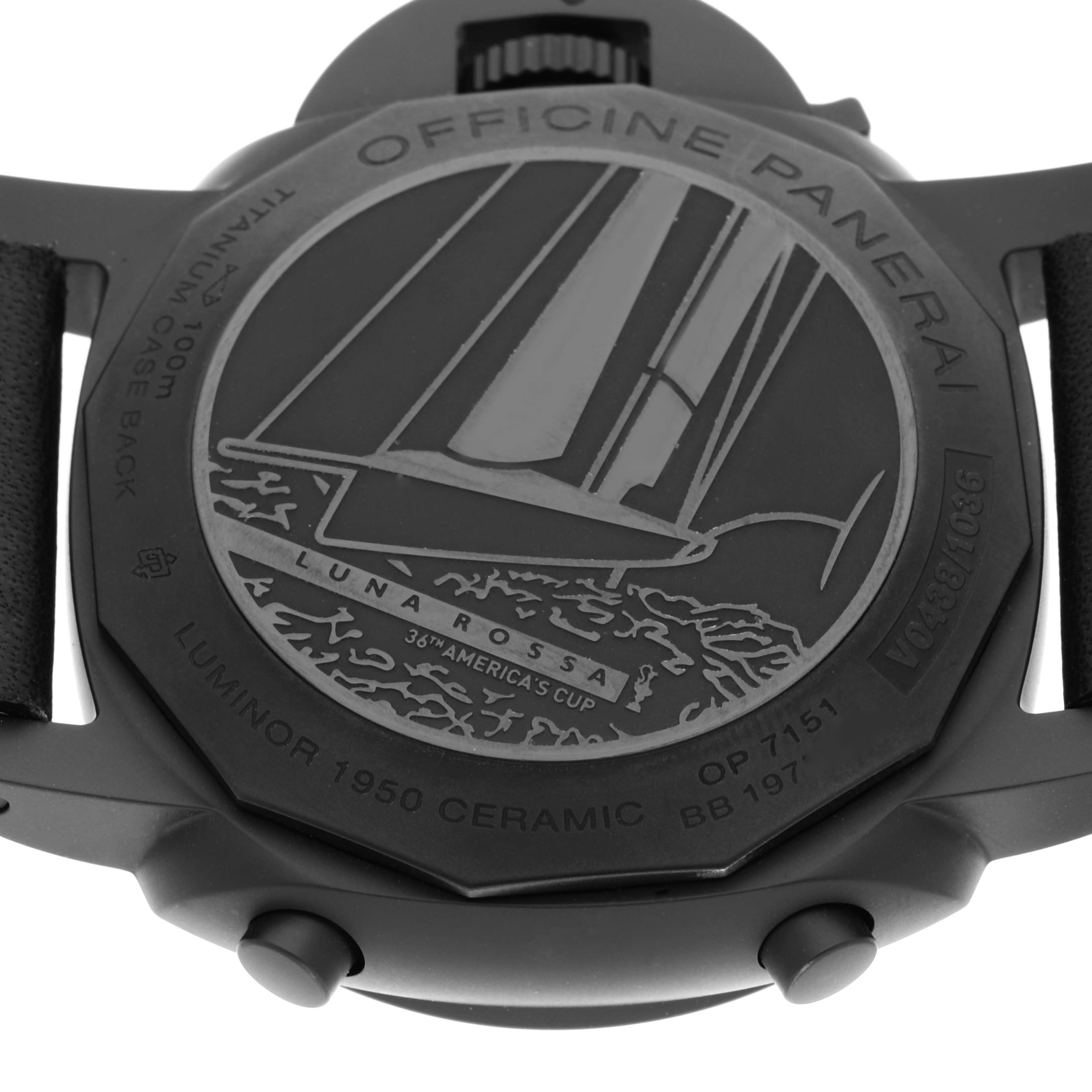 The image shows the back view of a Panerai Luminor PAM01037 Men's Ceramic Black Dial PAM01037 Men's Ceramic Black Dial watch, highlighting the engraved case back design and watch lugs.