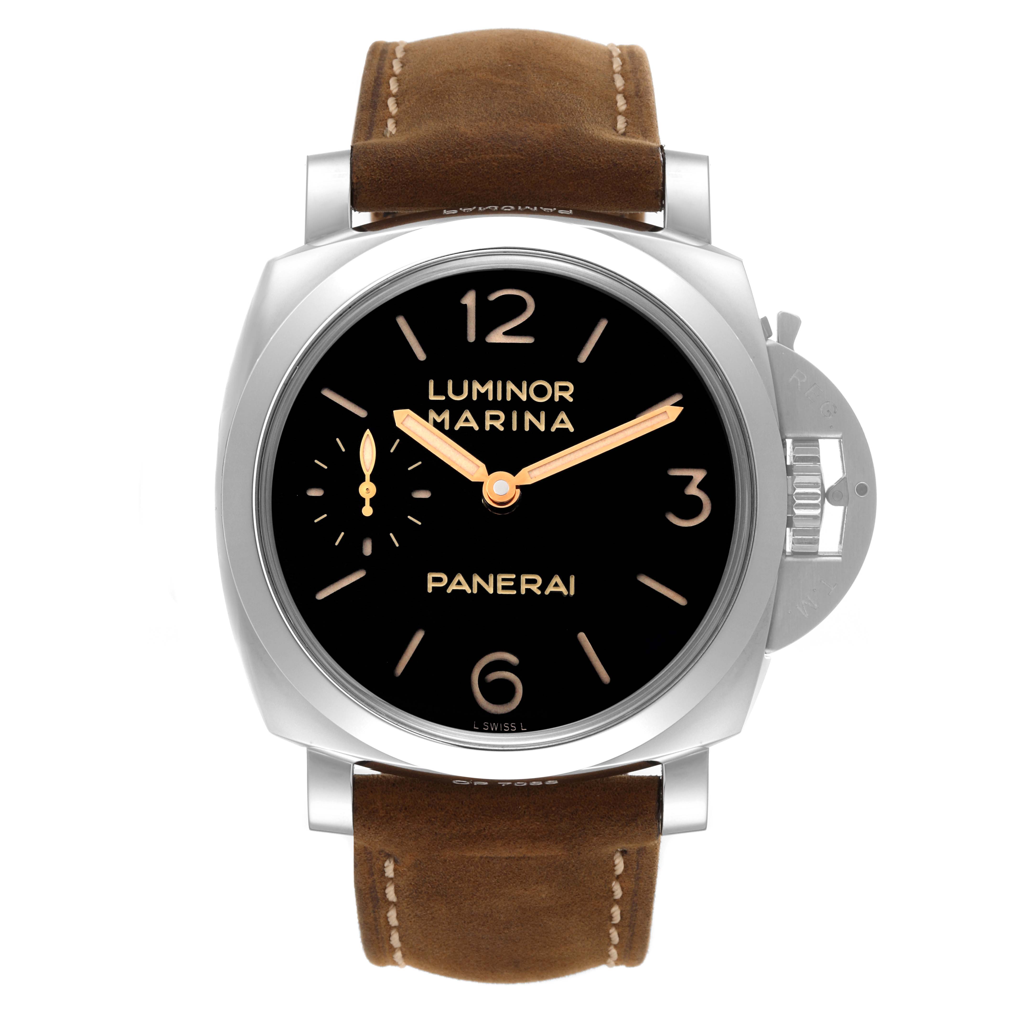 The image shows a front view of a Panerai Luminor PAM00422 Men
s Stainless Steel Black Dial PAM00422 Men
s Stainless Steel Black Dial Marina with a black dial, tan leather strap, and protected crown guard.