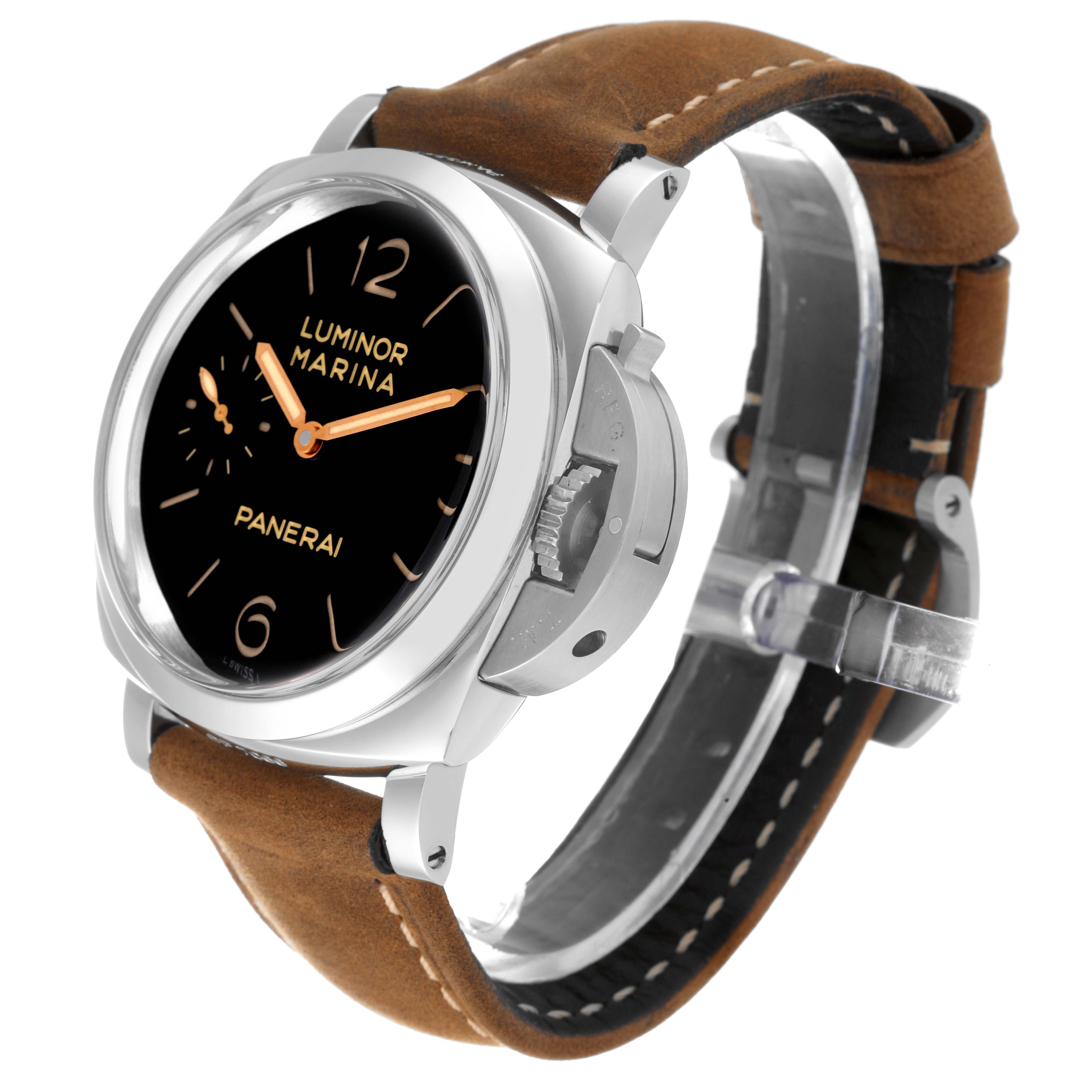 The image shows a Panerai Luminor PAM00422 Men
s Stainless Steel Black Dial PAM00422 Men
s Stainless Steel Black Dial Marina watch at a three-quarter angle, highlighting the dial, case, crown guard, and brown leather strap.
