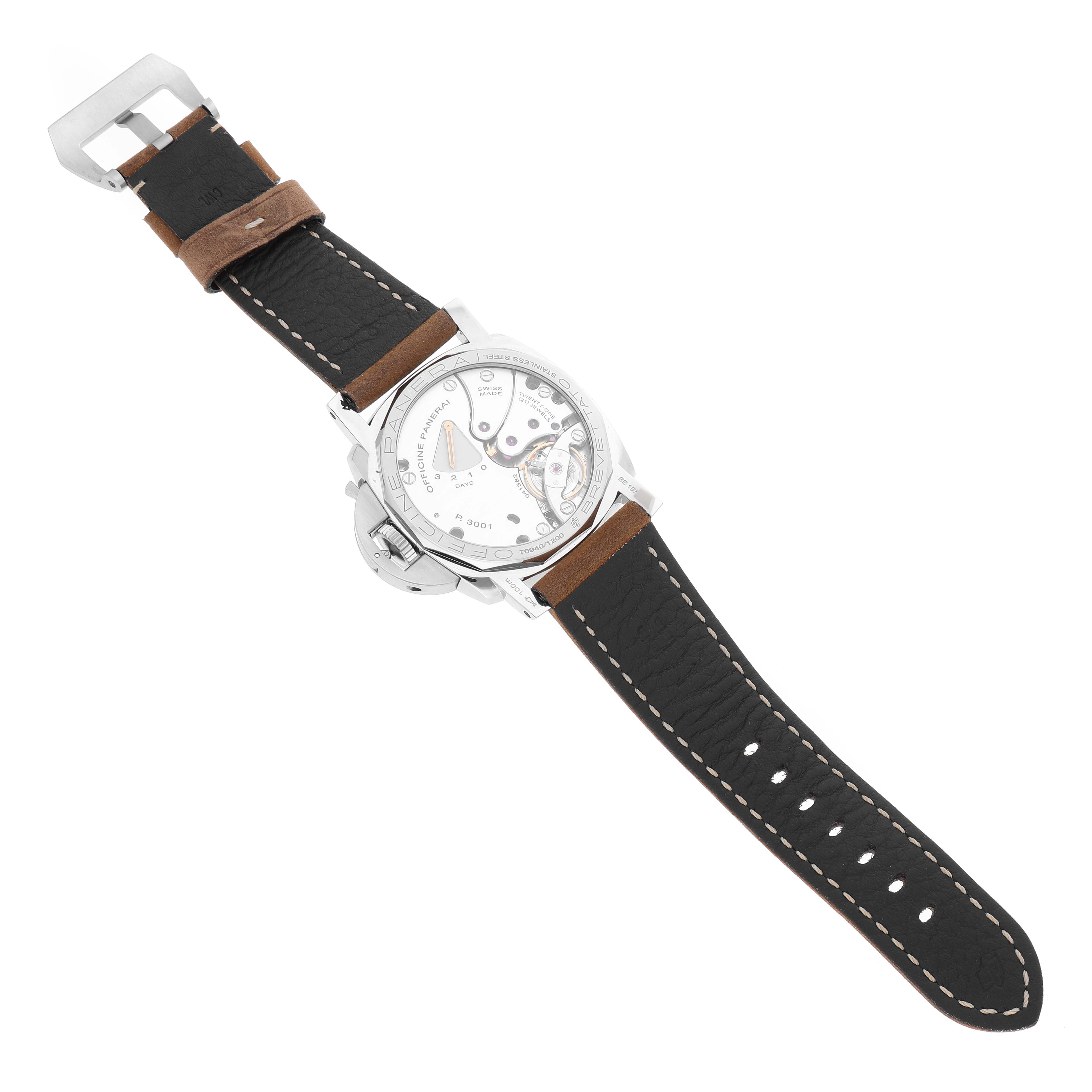 The image shows a rear view of the Panerai Luminor PAM00422 Men
s Stainless Steel Black Dial PAM00422 Men
s Stainless Steel Black Dial model watch, highlighting its movement and leather strap.