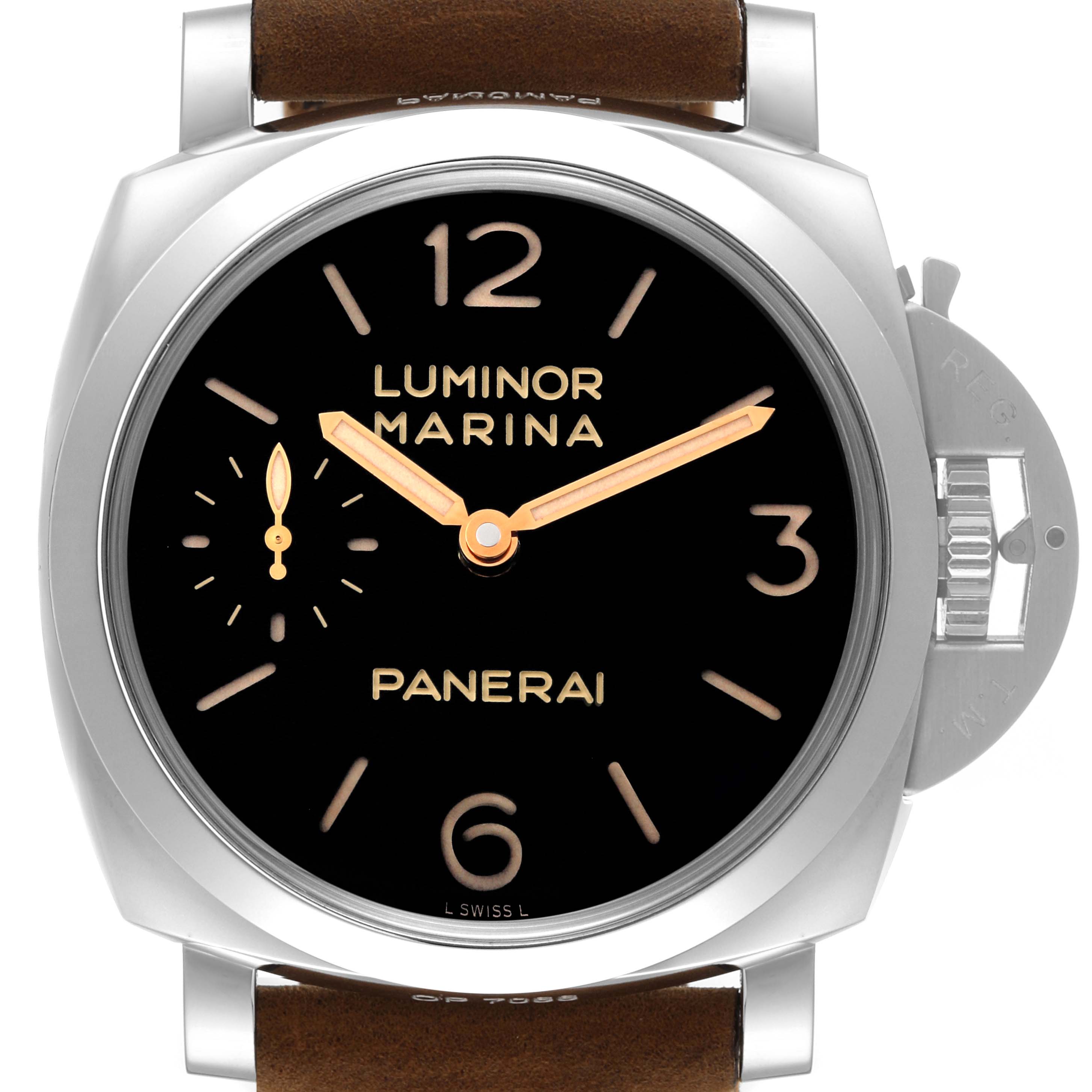 This image shows a front view of the Panerai Luminor PAM00422 Men
s Stainless Steel Black Dial PAM00422 Men
s Stainless Steel Black Dial Marina watch, highlighting its black dial and brown leather strap.
