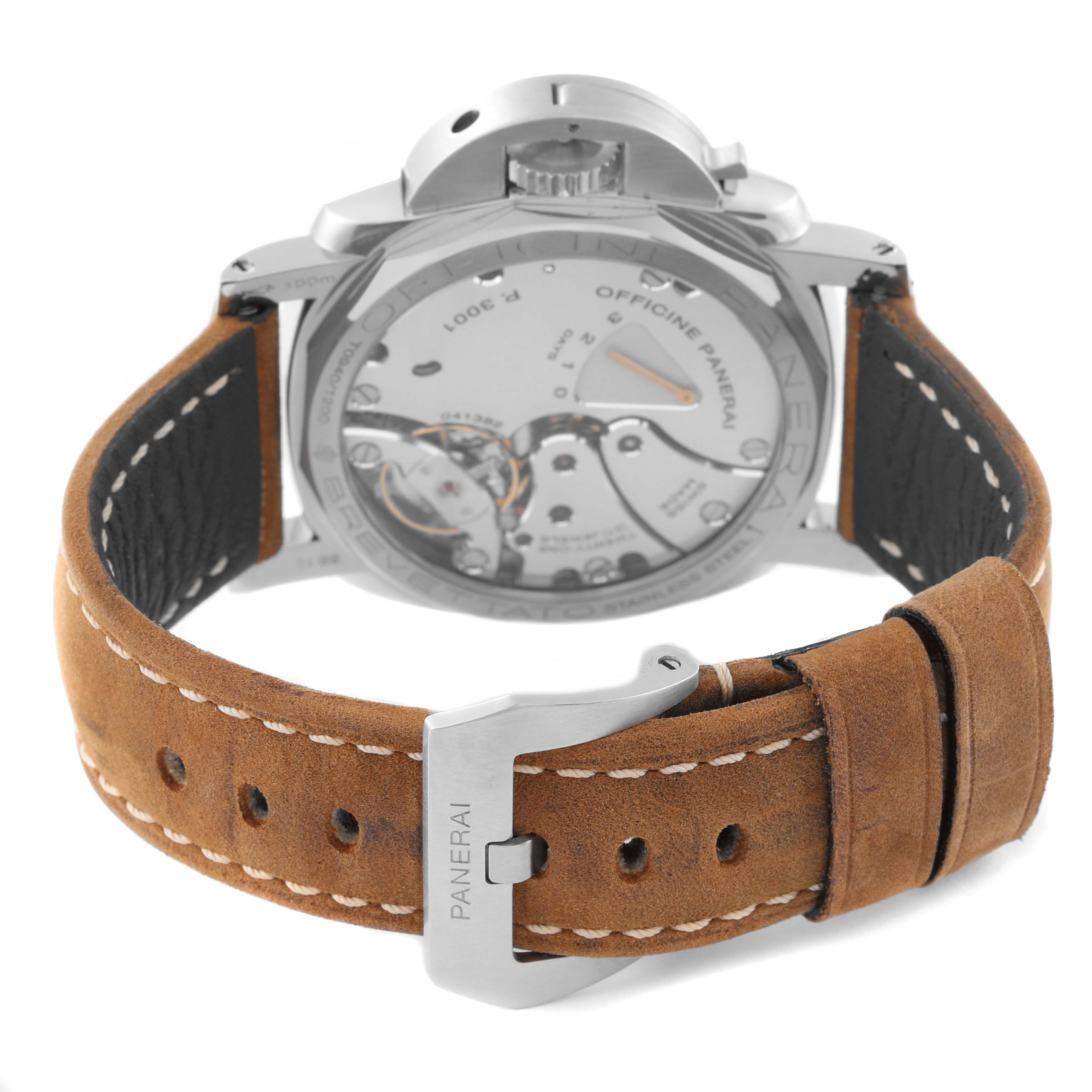 The image shows the back view of a Panerai Luminor PAM00422 Men
s Stainless Steel Black Dial PAM00422 Men
s Stainless Steel Black Dial watch, highlighting the movement and leather strap with the Panerai-branded buckle.