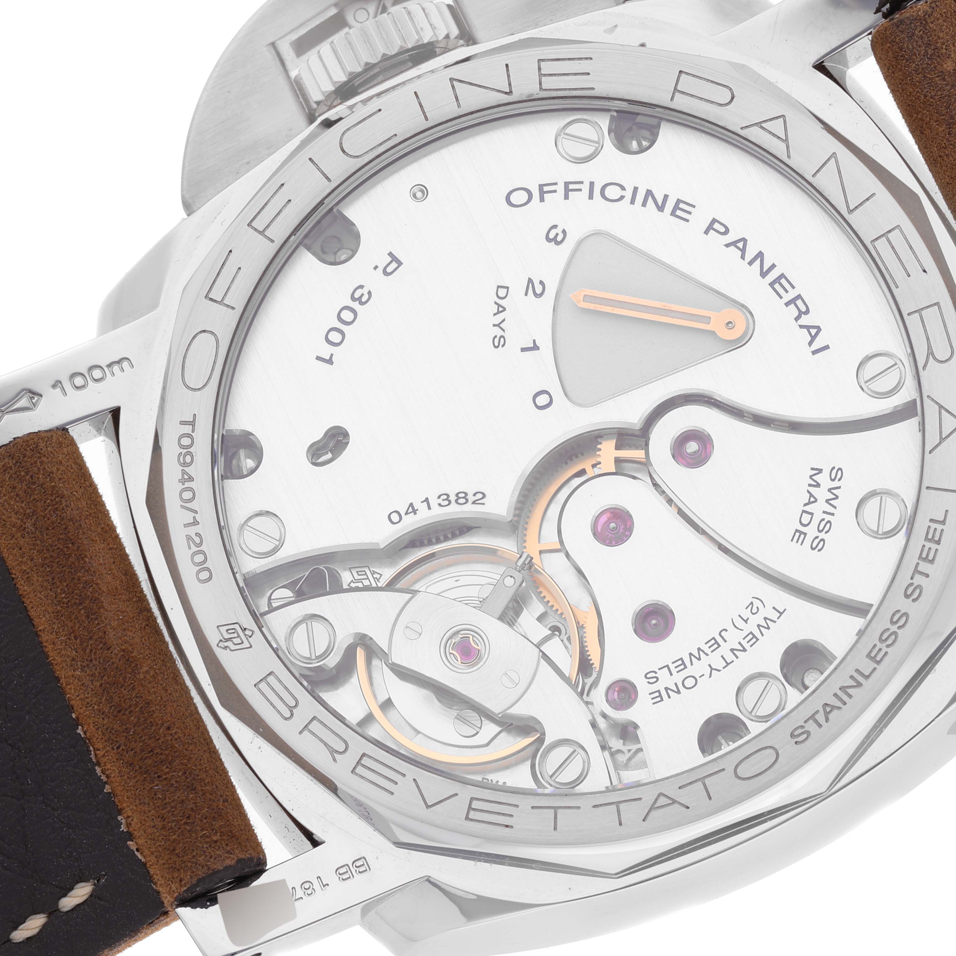 The image shows the back view of the Panerai Luminor PAM00422 Men
s Stainless Steel Black Dial PAM00422 Men
s Stainless Steel Black Dial watch, highlighting its intricate mechanical movement and parts.