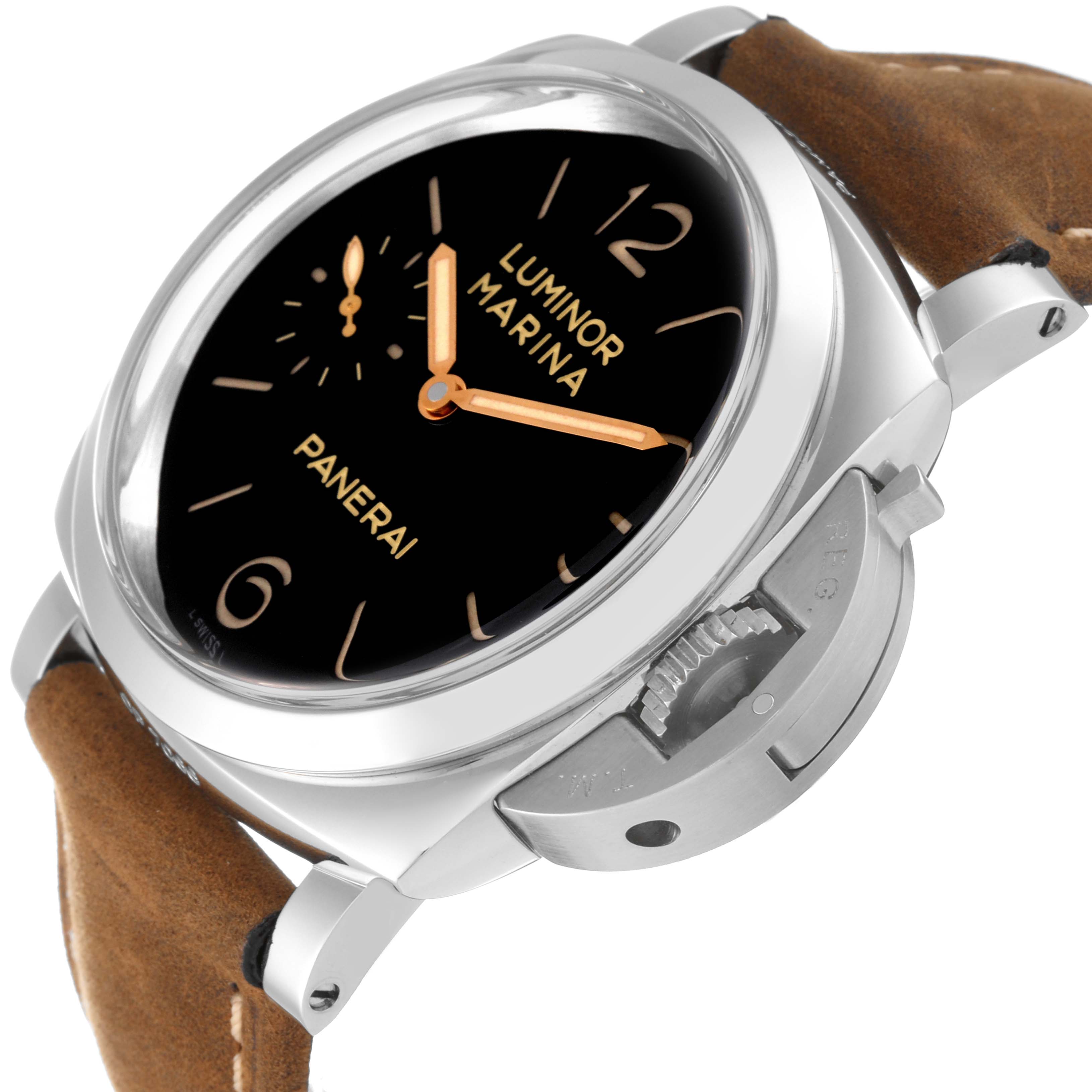 The image shows the dial, bezel, crown with its guard, and leather strap of a Panerai Luminor PAM00422 Men
s Stainless Steel Black Dial PAM00422 Men
s Stainless Steel Black Dial watch at a tilted angle.