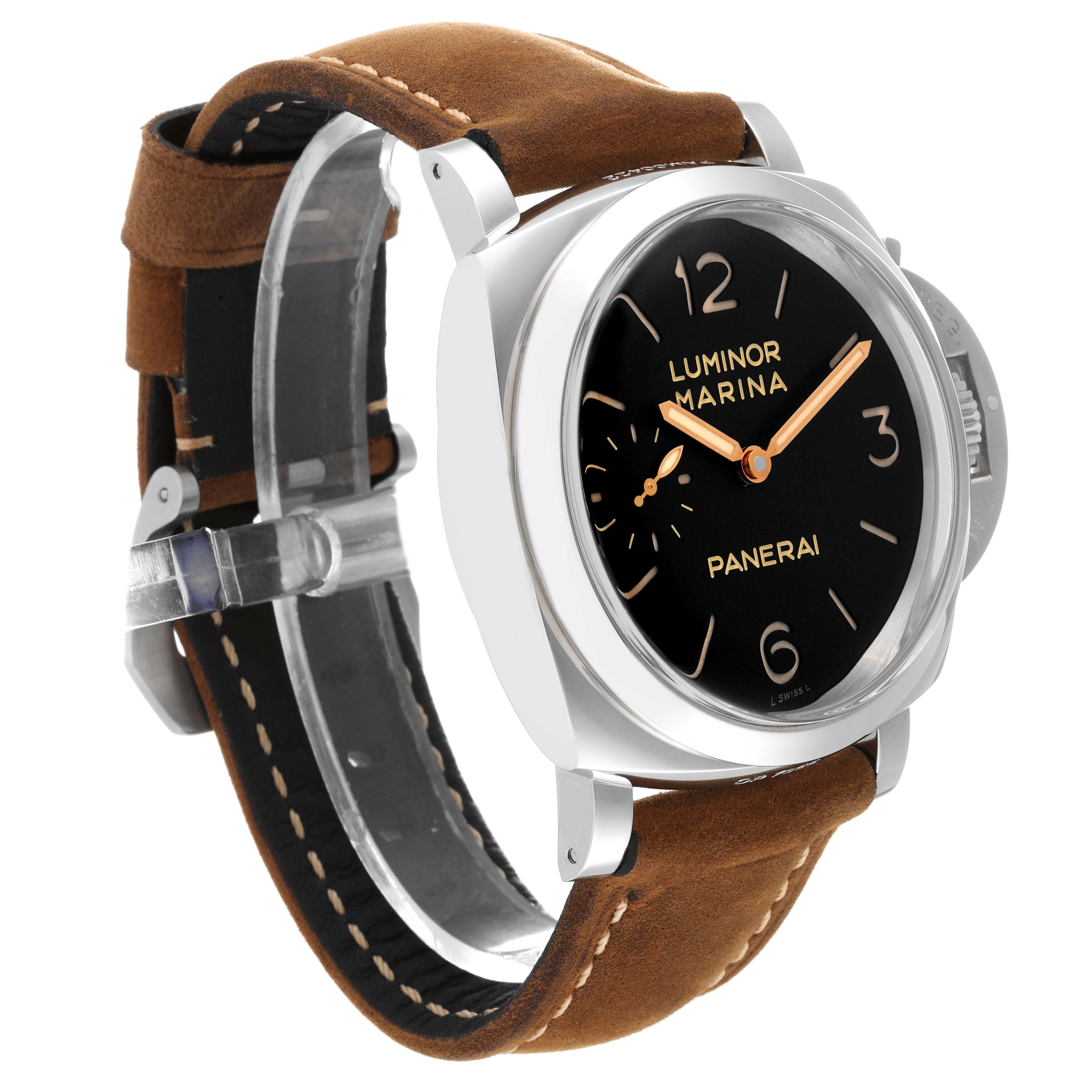 The image shows a side-angle view of a Panerai Luminor PAM00422 Men
s Stainless Steel Black Dial PAM00422 Men
s Stainless Steel Black Dial Marina watch, featuring its dial, case, and leather strap.