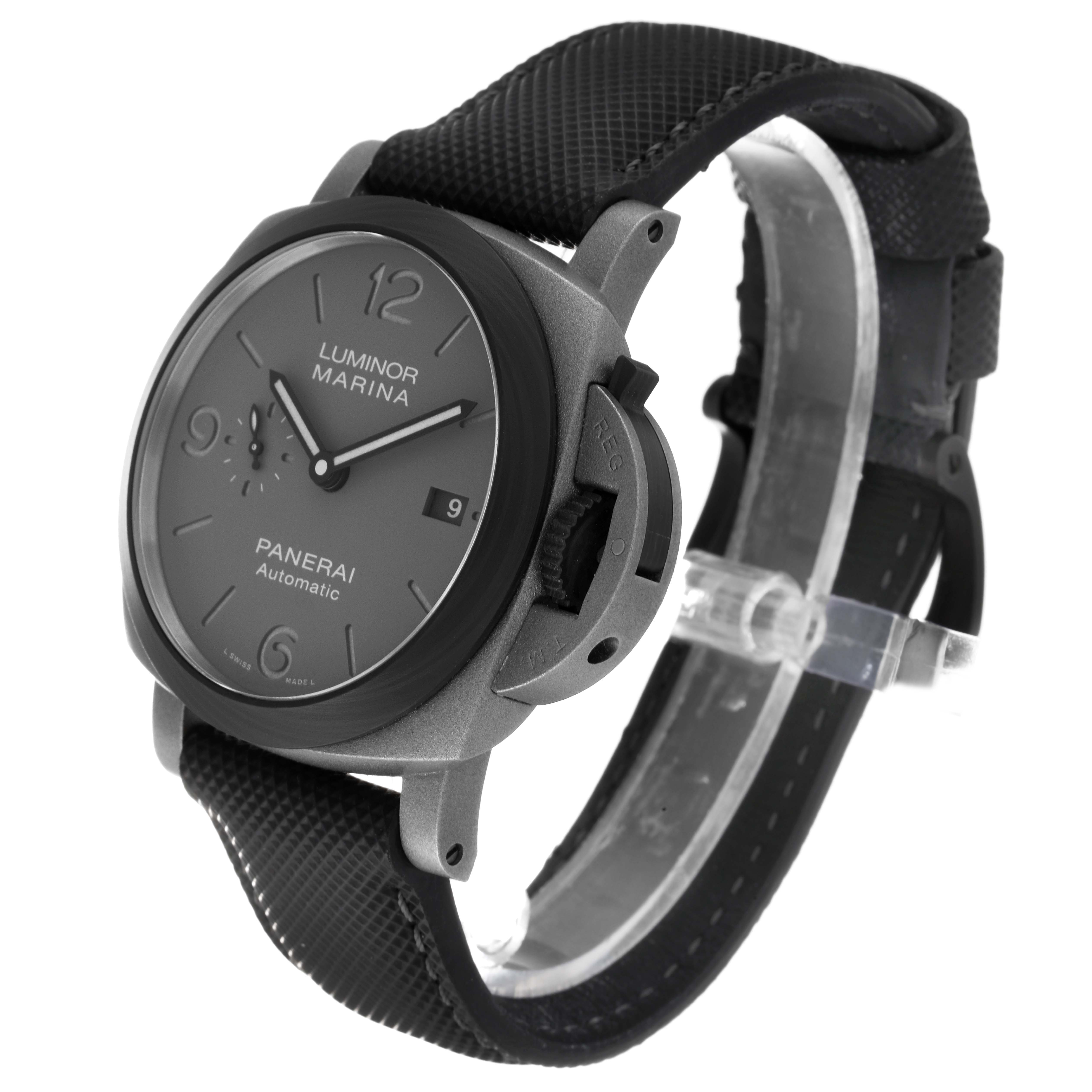 The image shows a Panerai Luminor PAM01662 Men's Titanium Grey Dial PAM01662 Men's Titanium Grey Dial watch at an angle focusing on the face, strap, and crown guard.