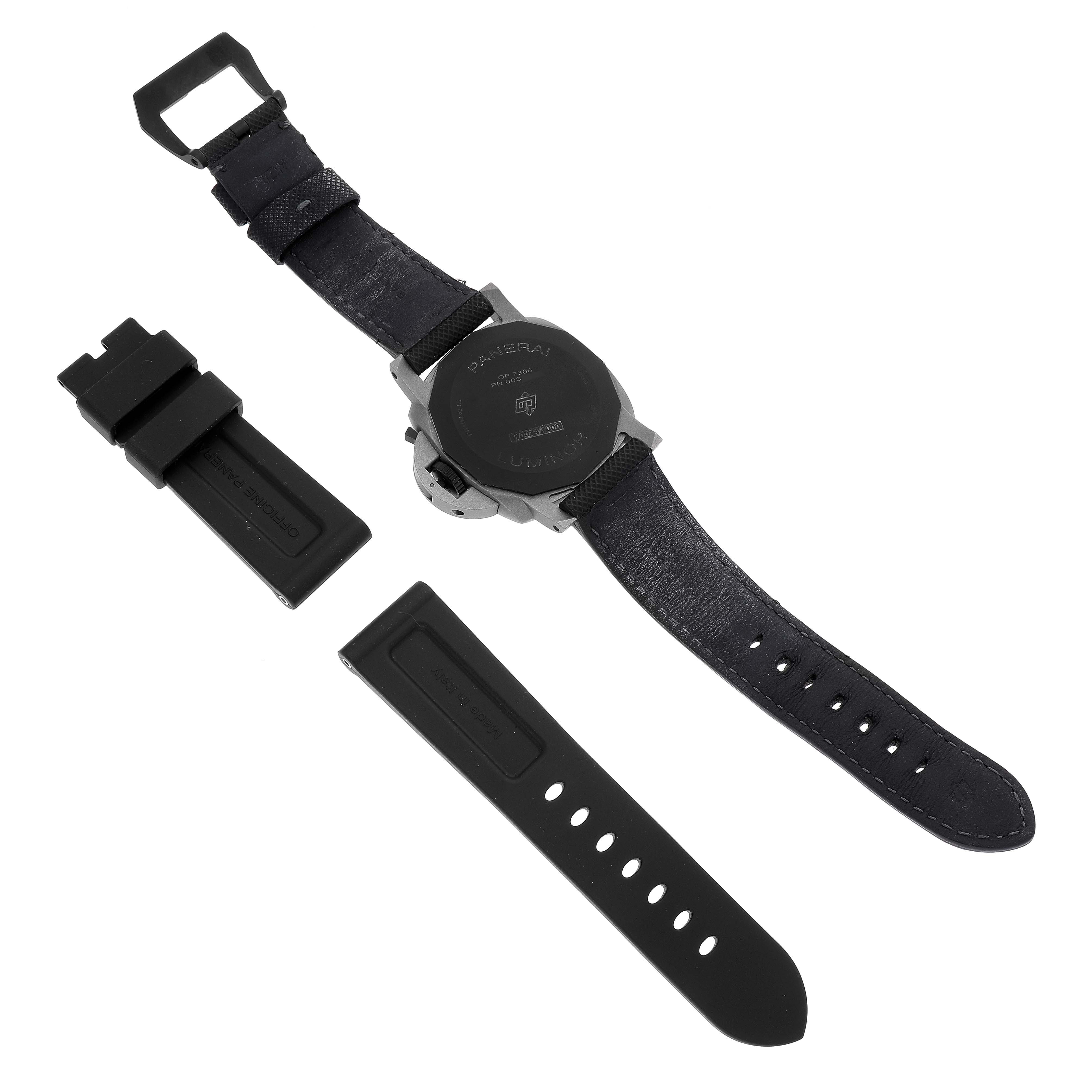 The image shows the back side of a Panerai Luminor PAM01662 Men's Titanium Grey Dial PAM01662 Men's Titanium Grey Dial watch with additional interchangeable straps laid out flat.