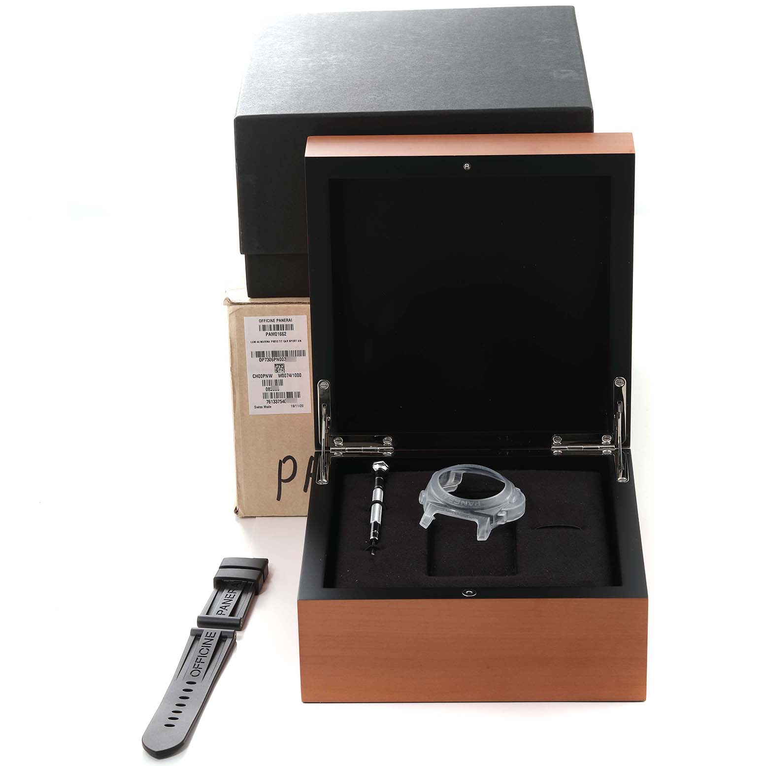 The image shows a Panerai Luminor PAM01662 Men's Titanium Grey Dial PAM01662 Men's Titanium Grey Dial watch case, strap, and screwdriver from a frontal angle.