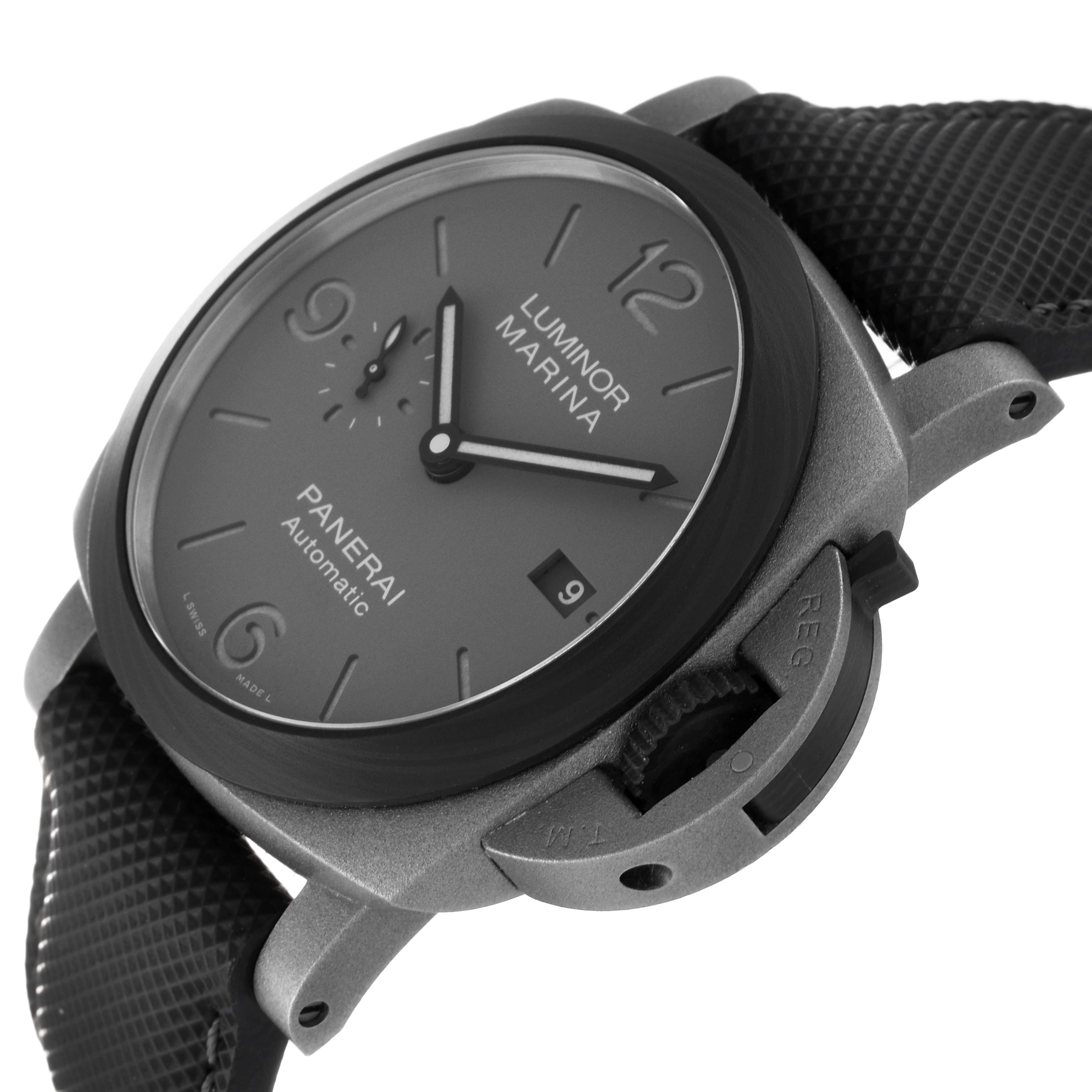 The image shows a side angle of a Panerai Luminor PAM01662 Men's Titanium Grey Dial PAM01662 Men's Titanium Grey Dial Marina model watch, with a focus on the dial, crown, and strap attachment.