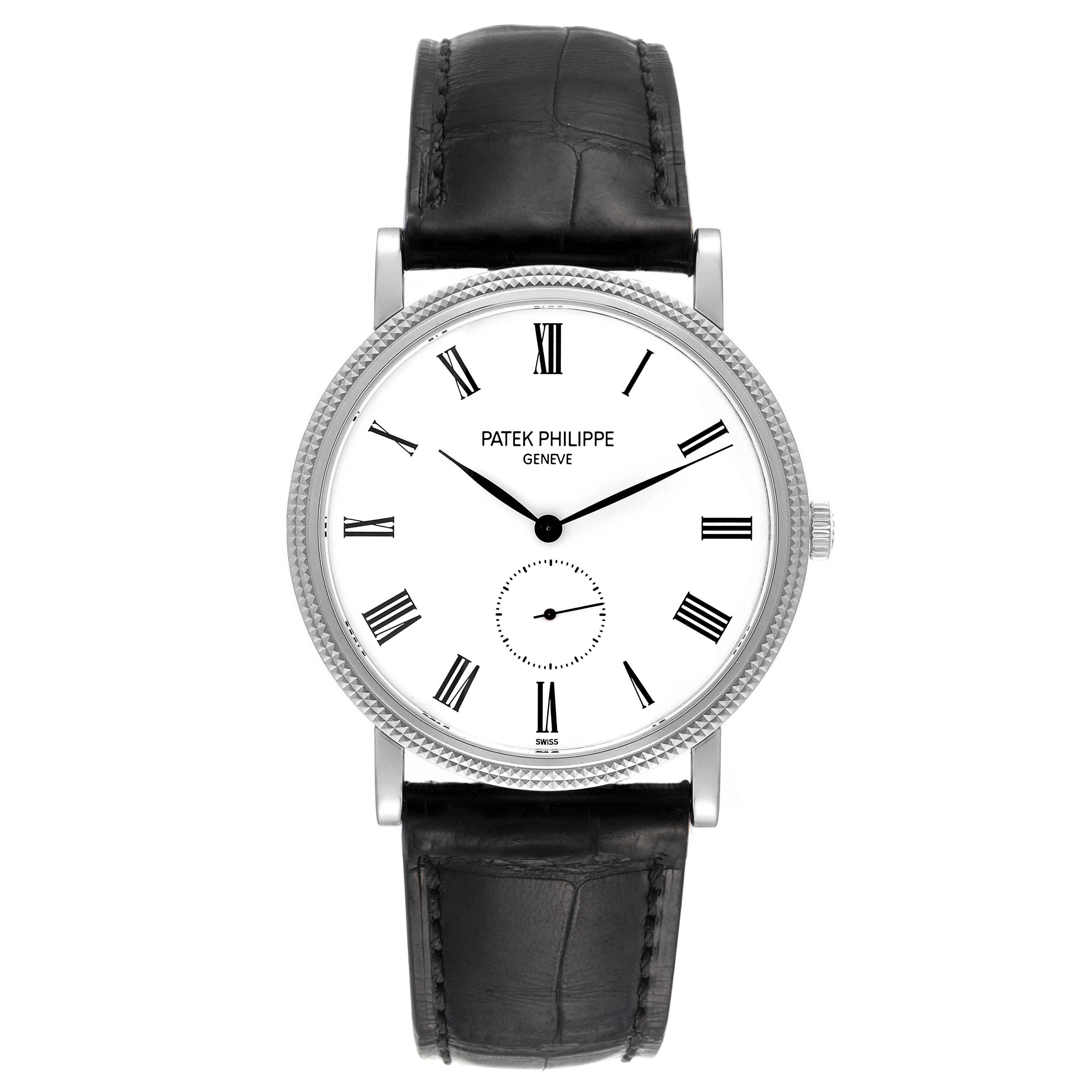 The image shows a front view of the Patek Philippe Calatrava 5119G Men's White Gold White Dial 5119G Men's White Gold White Dial watch, displaying its face, Roman numerals, and leather strap.