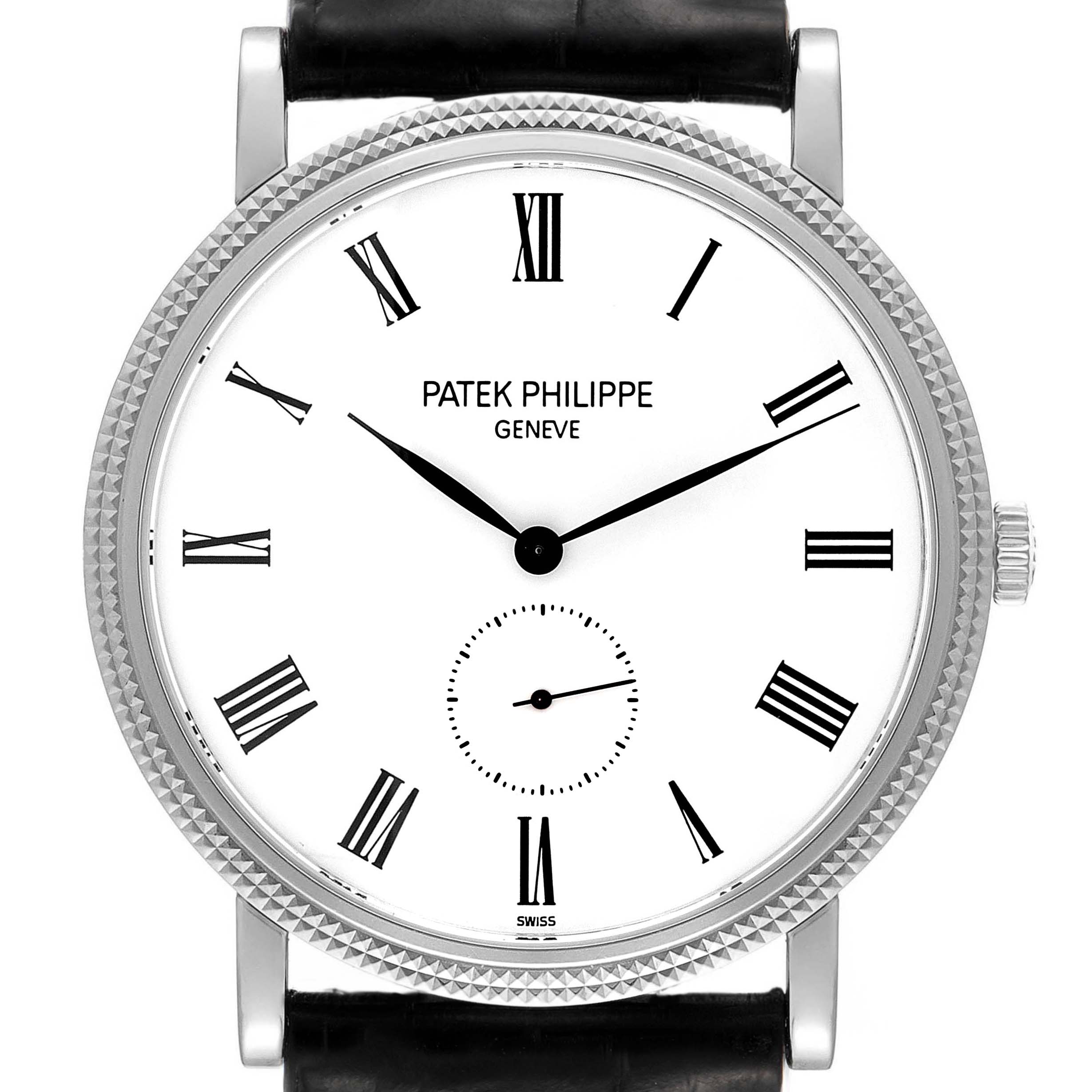 The image shows a front view of a Patek Philippe Calatrava 5119G Men's White Gold White Dial 5119G Men's White Gold White Dial watch, featuring a white dial with Roman numerals and a black leather strap.