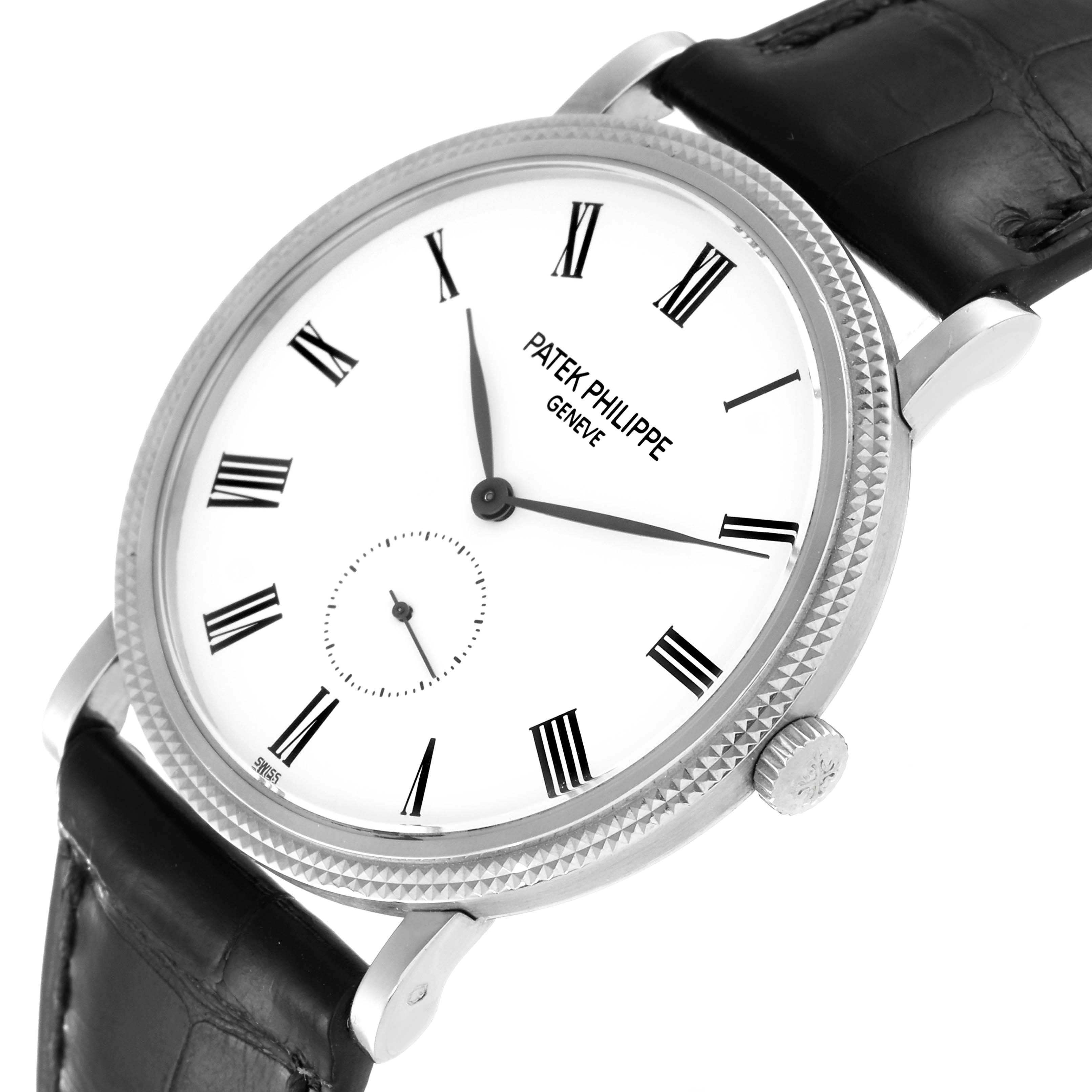 The image shows a Patek Philippe Calatrava 5119G Men's White Gold White Dial 5119G Men's White Gold White Dial watch angled to display its face, bezel, crown, lugs, and black leather strap.