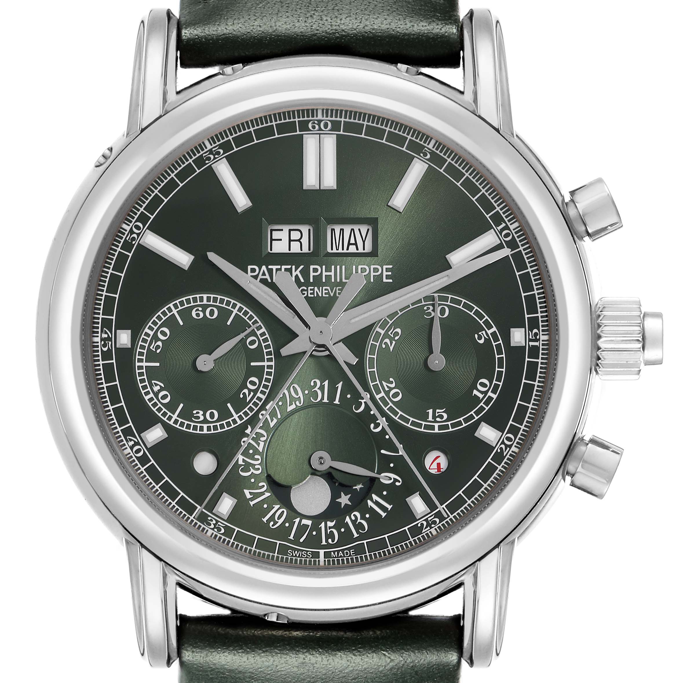 The Patek Philippe Complications 5204G-001 Men's White Gold Green Dial watch is shown from the front, displaying the dial, markers, subdials, and pushers.