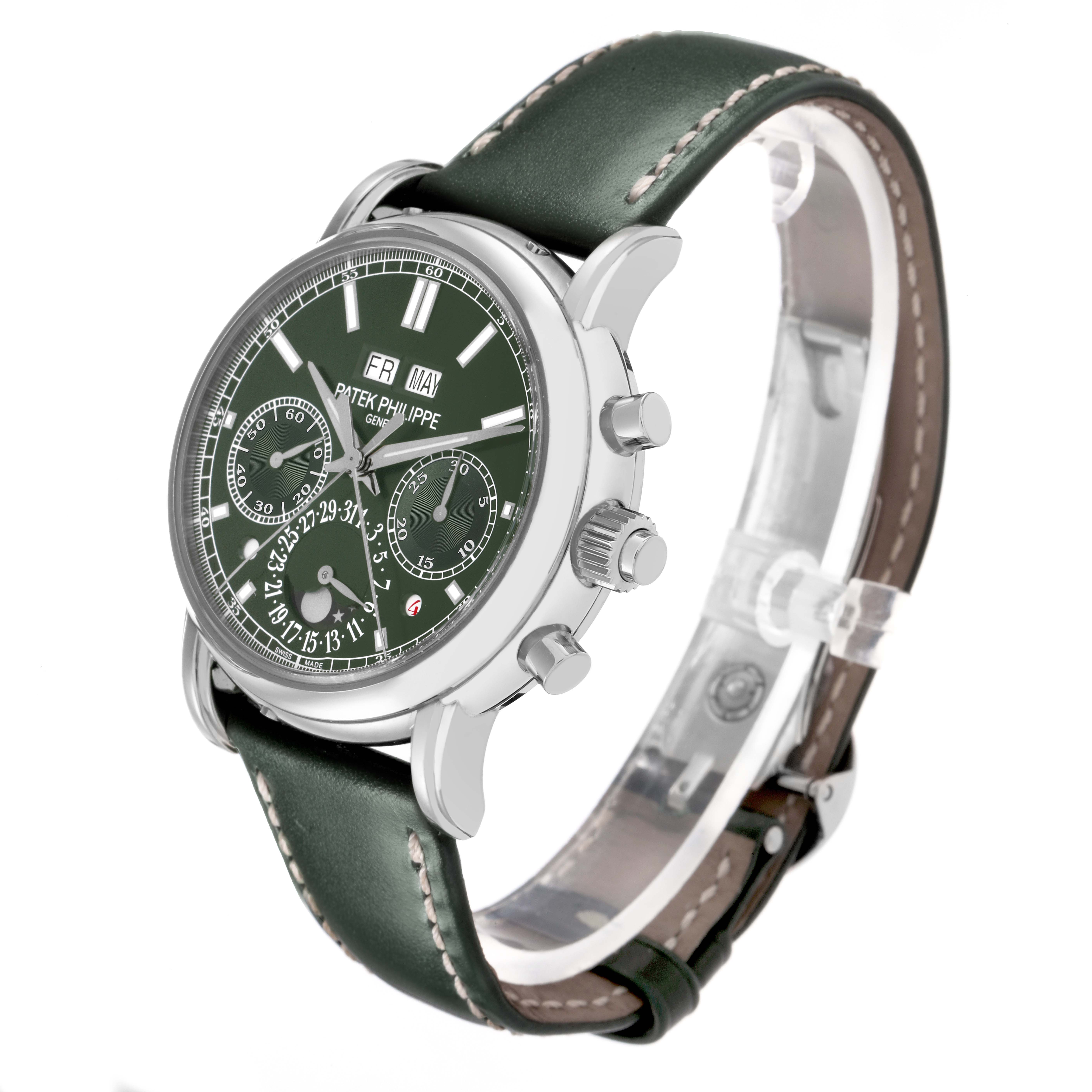 The Patek Philippe Complications 5204G-001 Men's White Gold Green Dial watch is shown at a three-quarter angle, highlighting its face, case, pushers, and green leather strap.