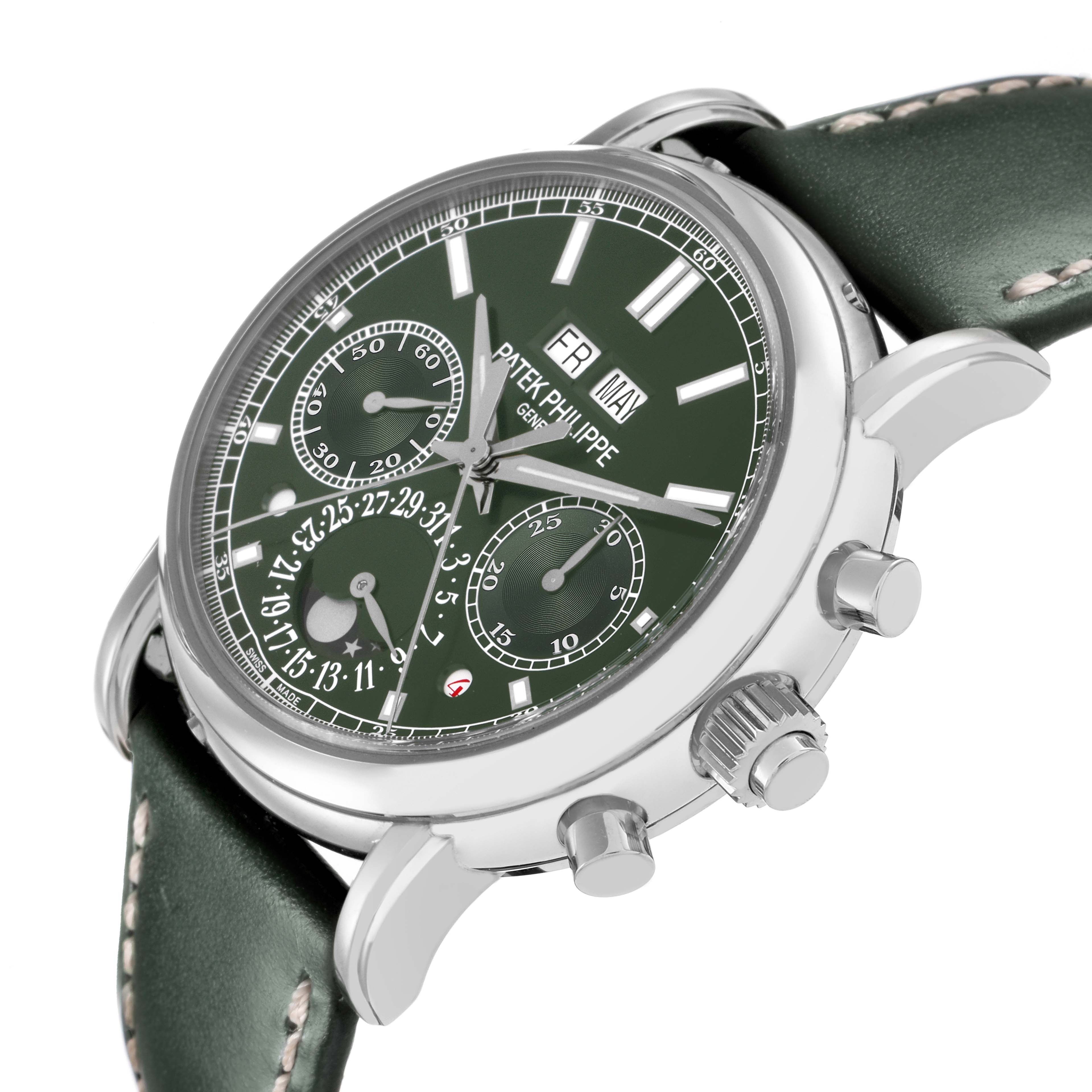 The Patek Philippe Complications 5204G-001 Men's White Gold Green Dial model is shown at a slight angle, highlighting the green dial, chronograph sub-dials, crown, and pushers.