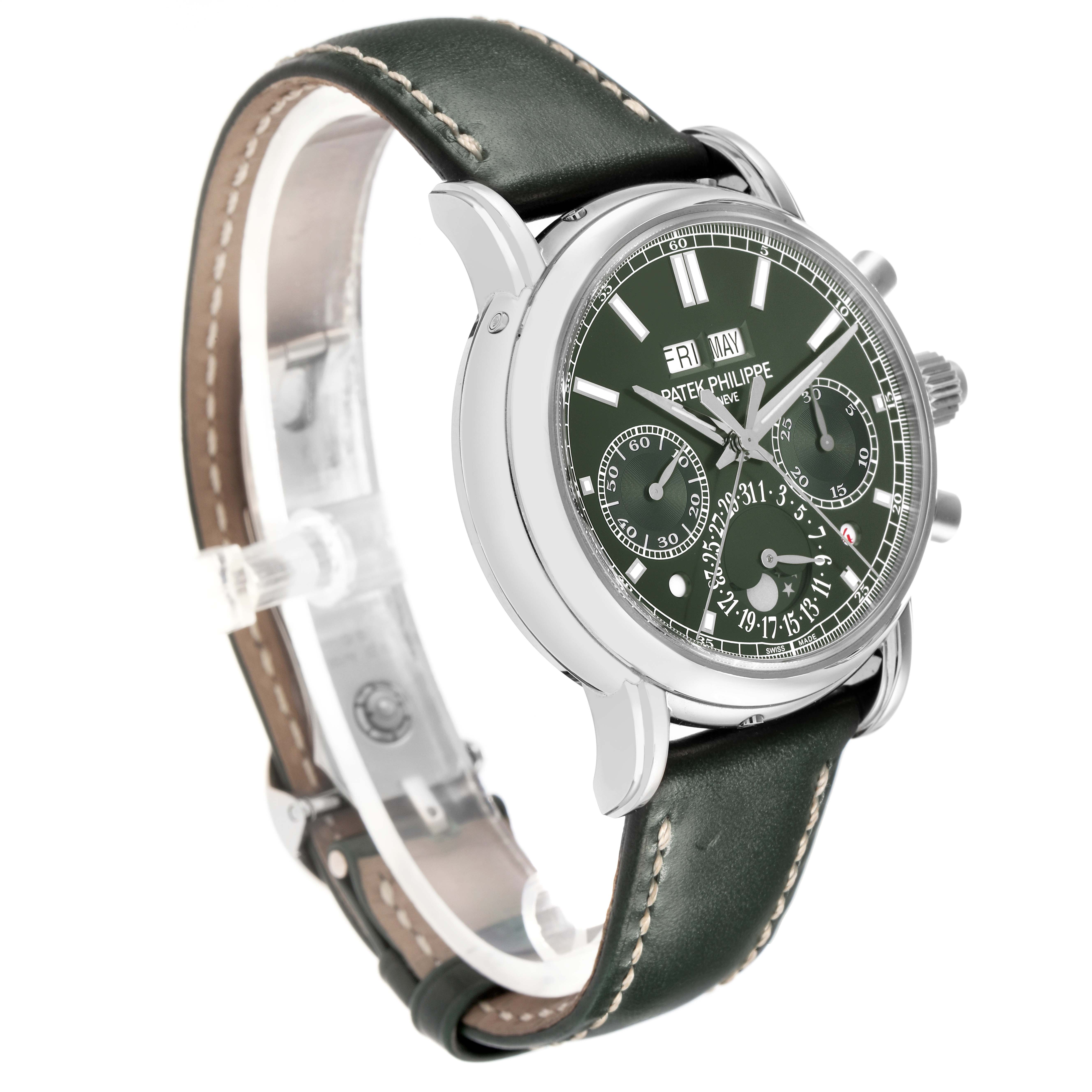 The Patek Philippe Complications 5204G-001 Men's White Gold Green Dial watch is shown at a three-quarter angle, highlighting the green dial, subdials, and leather strap.