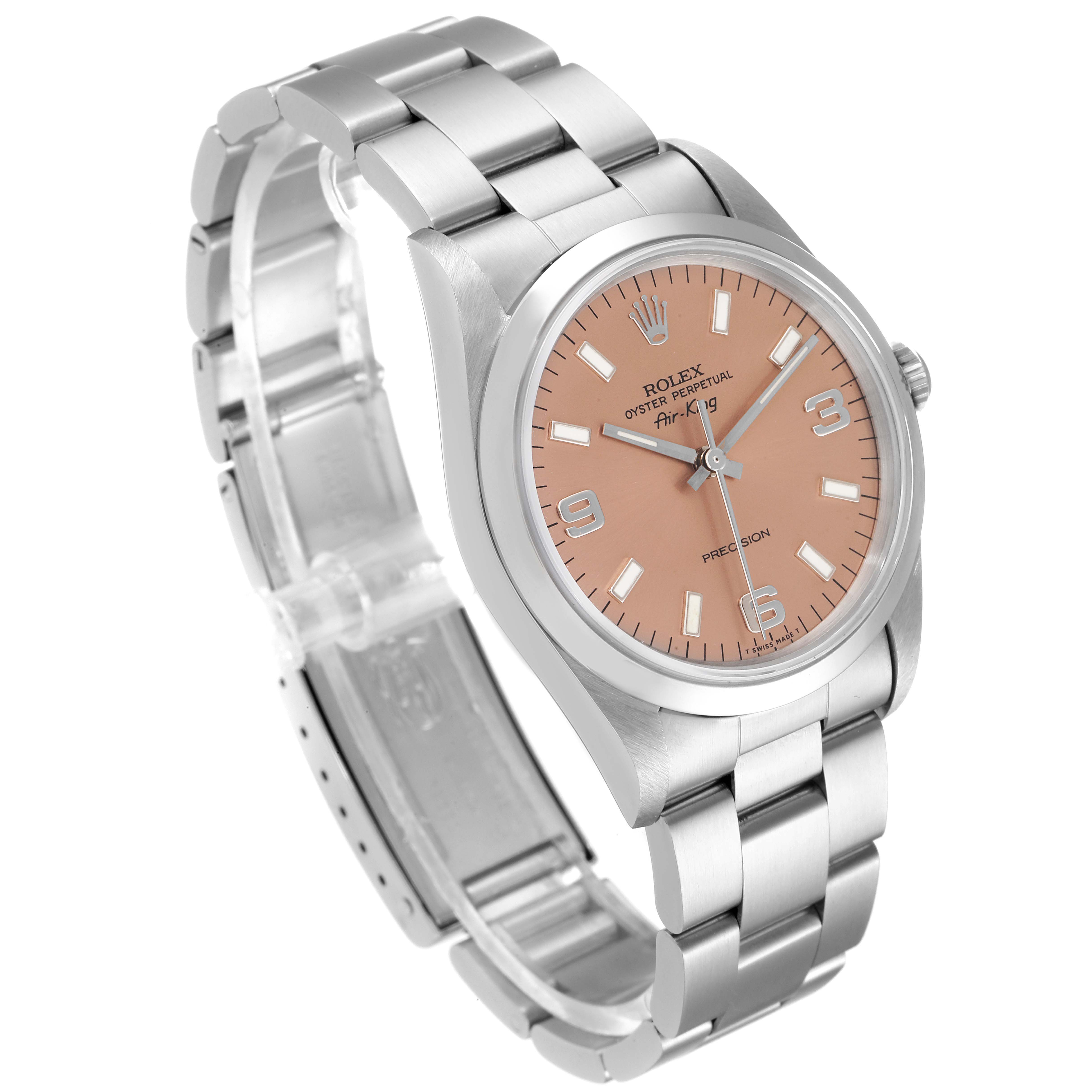 The image shows a side angle of the Rolex Air-King 14000 Men's Stainless Steel Pink Dial 14000 Men's Stainless Steel Pink Dial watch, highlighting its pink dial and stainless steel bracelet.