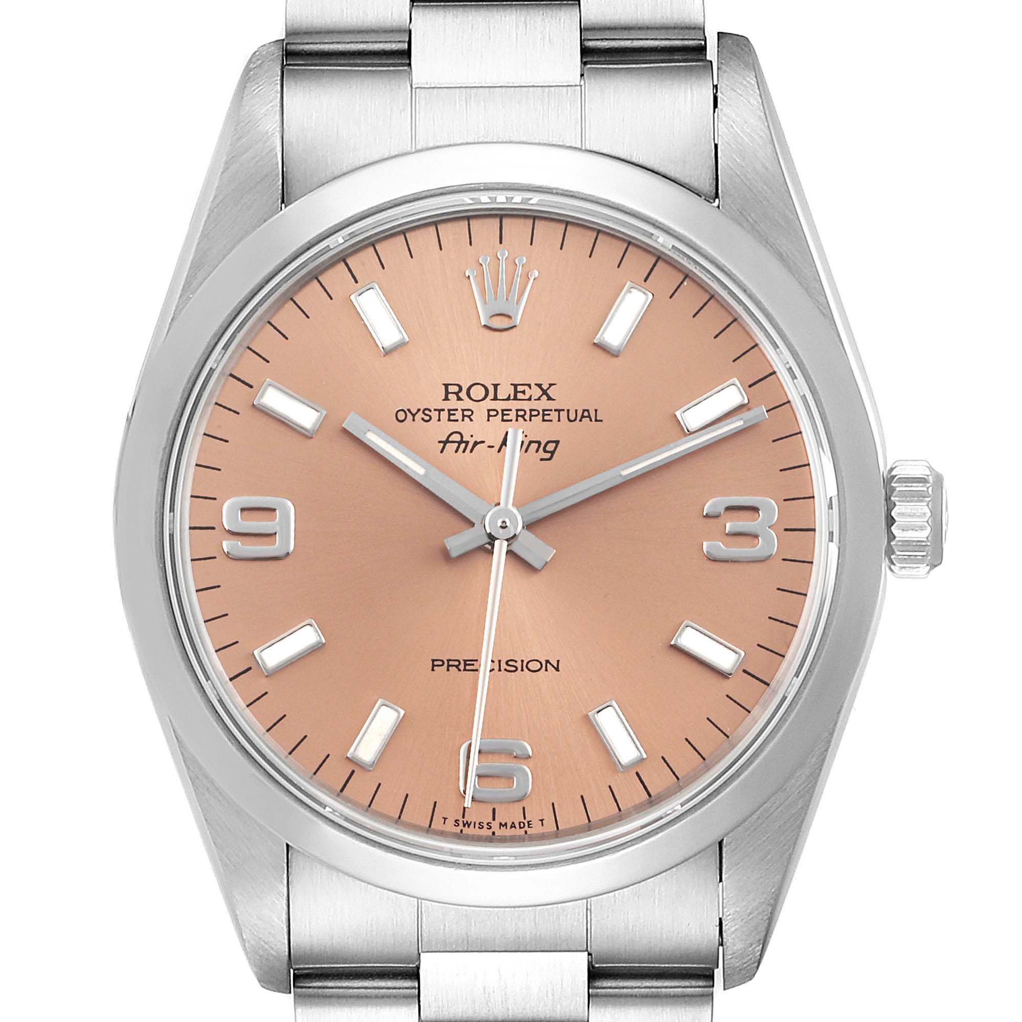 This image shows a frontal view of the Rolex Air-King 14000 Men's Stainless Steel Pink Dial 14000 Men's Stainless Steel Pink Dial watch, focusing on the face dial and the top part of the bracelet.
