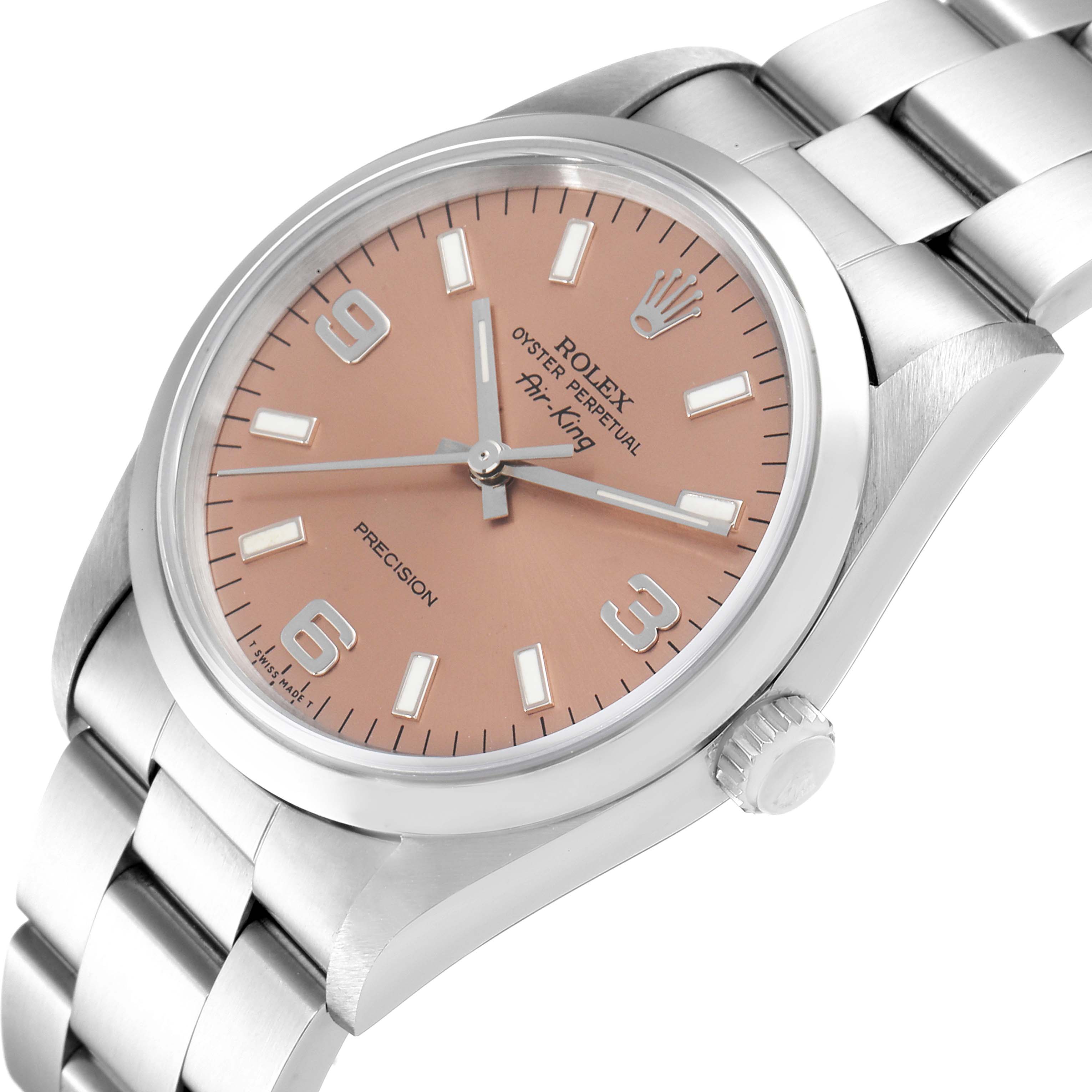 The Rolex Air-King 14000 Men's Stainless Steel Pink Dial 14000 Men's Stainless Steel Pink Dial watch is shown at a slight angle, displaying its dial, hour markers, hands, and part of the bracelet.