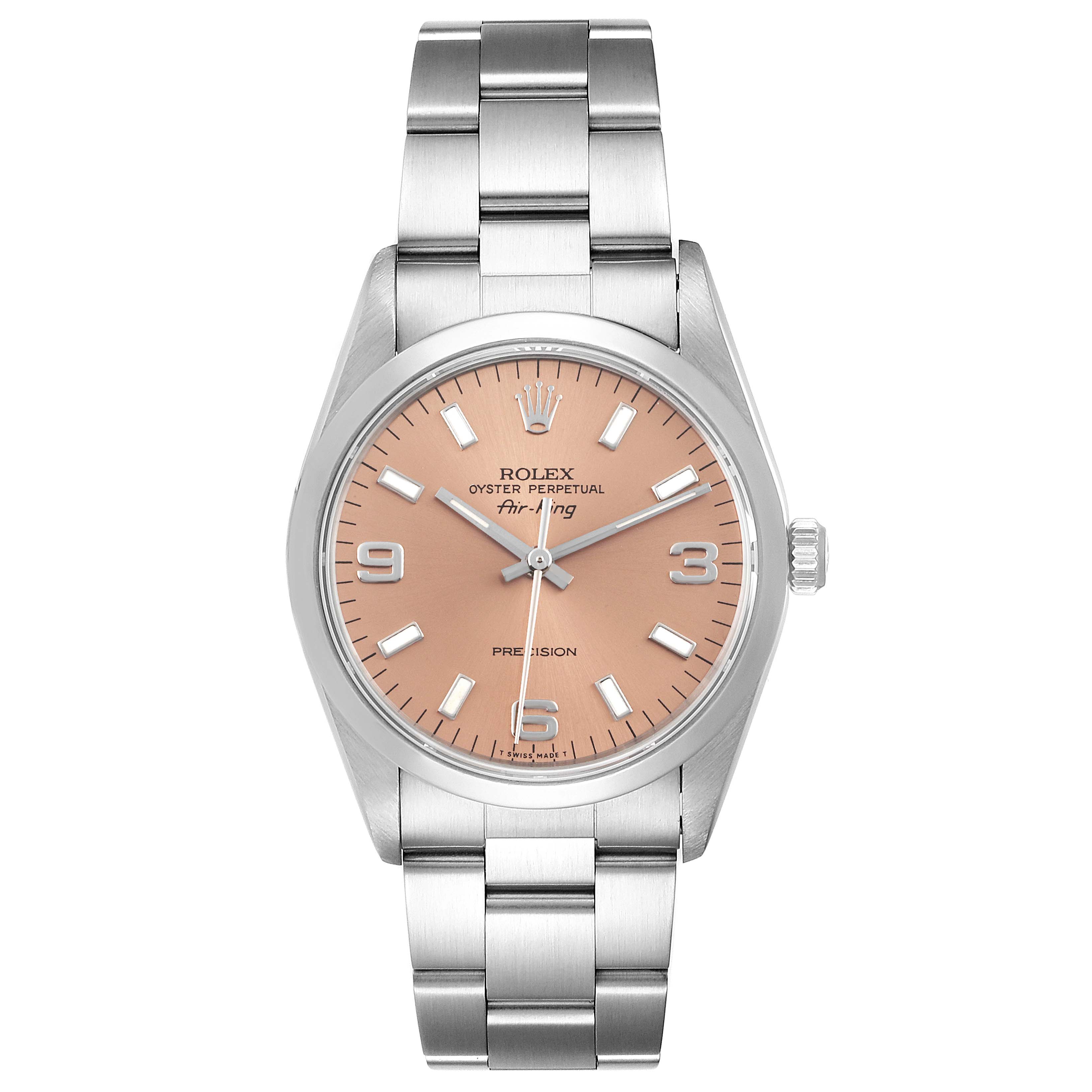 The image shows the Rolex Air-King 14000 Men's Stainless Steel Pink Dial 14000 Men's Stainless Steel Pink Dial watch from a front angle, displaying the dial, hands, bracelet, and crown.